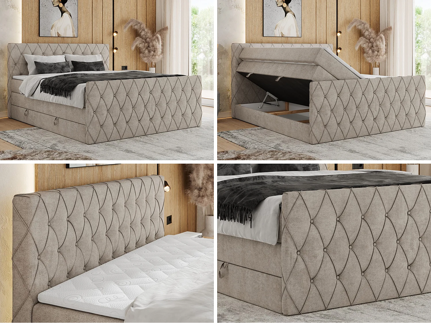 Boxspringbett MIREN KING DUO - für Schlafzimmer mit zwei Multipocket-Matratzen und Topper, gestepptes Kopfteil und Front  - 180x200 cm - H4 - Beige Strukture