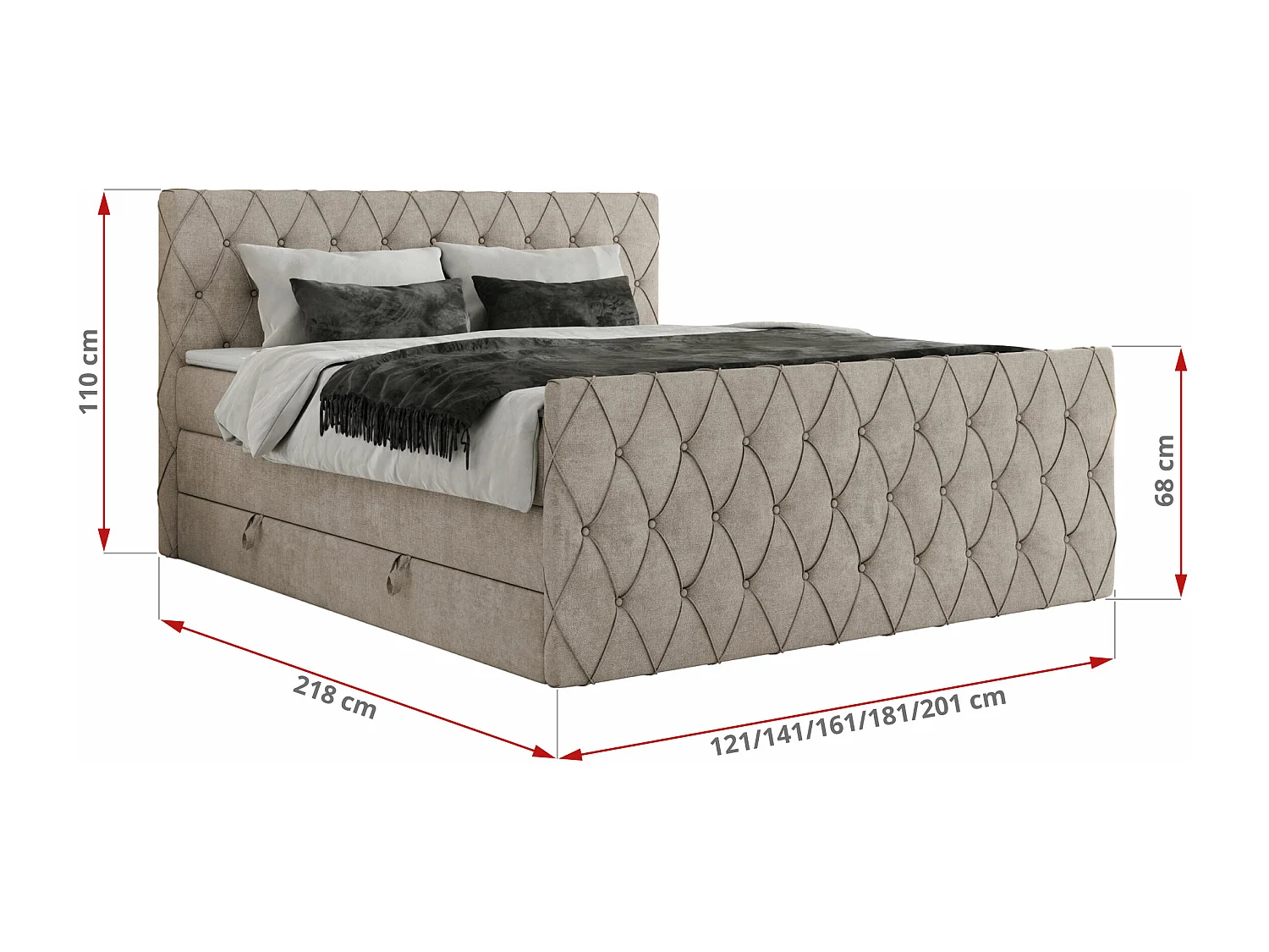 Boxspringbett MIREN KING DUO - für Schlafzimmer mit zwei Multipocket-Matratzen und Topper, gestepptes Kopfteil und Front  - 180x200 cm - H4 - Beige Strukture