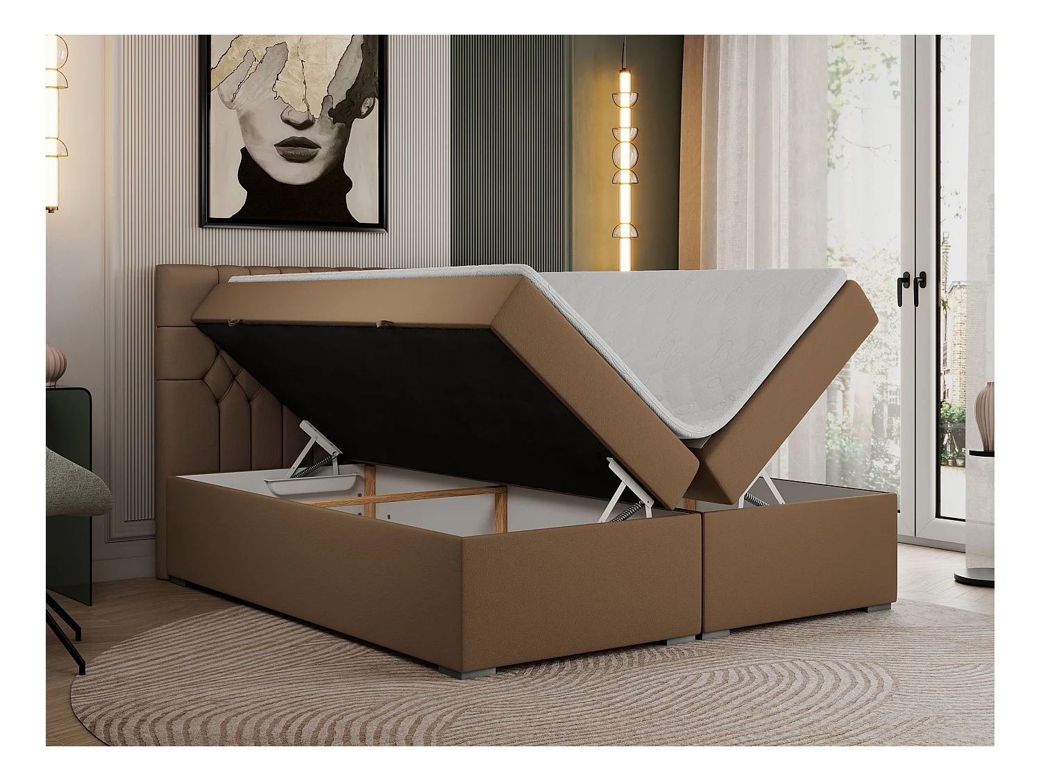 Boxspringbett PERA - gesteppte Kopfstütze, Multipocket-Matratze und Topper, Doppelbett mit Stauraum - 180x200 cm - H4 - Braun Kunstleder