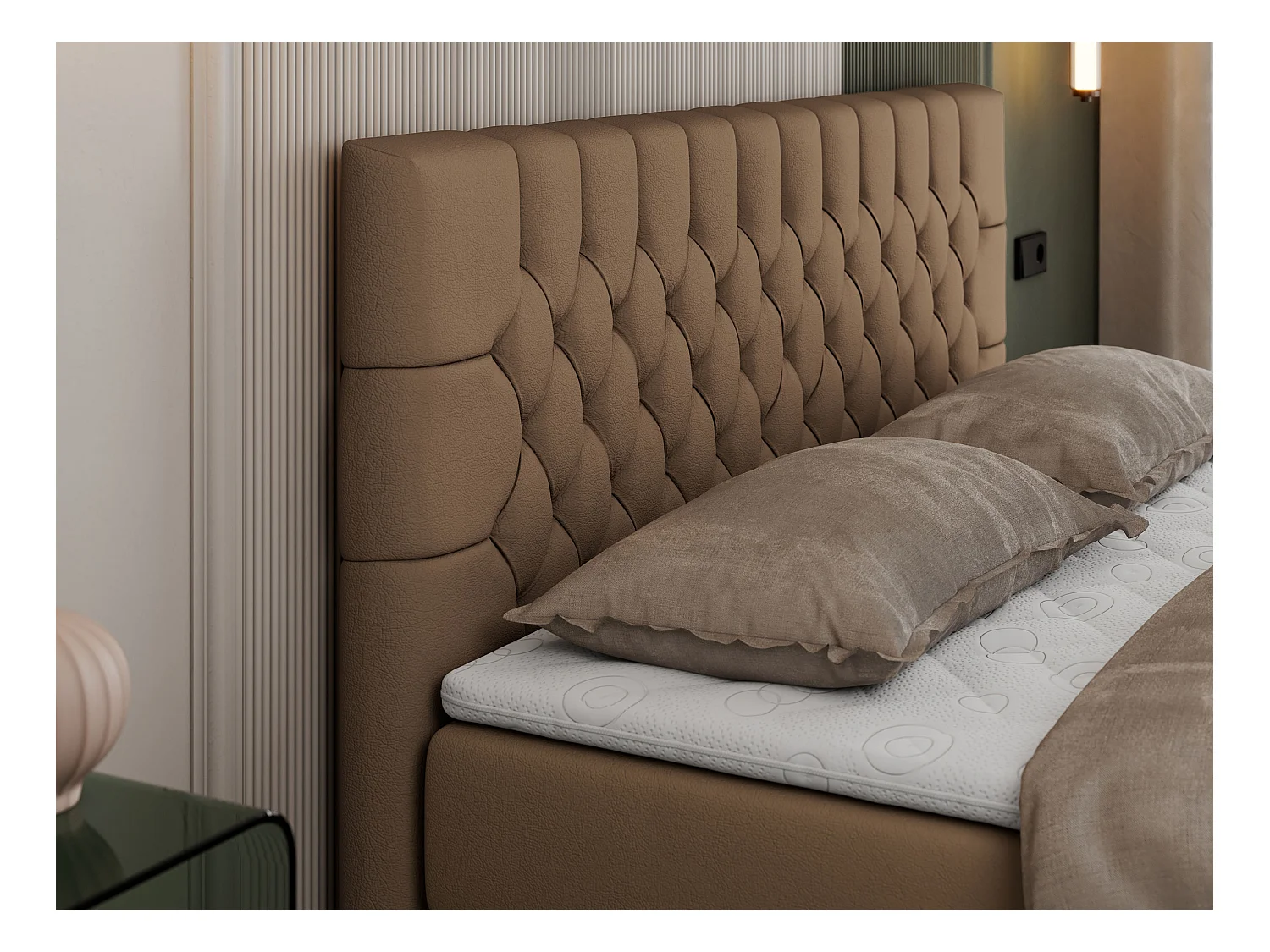 Boxspringbett PERA - gesteppte Kopfstütze, Multipocket-Matratze und Topper, Doppelbett mit Stauraum - 180x200 cm - H4 - Braun Kunstleder