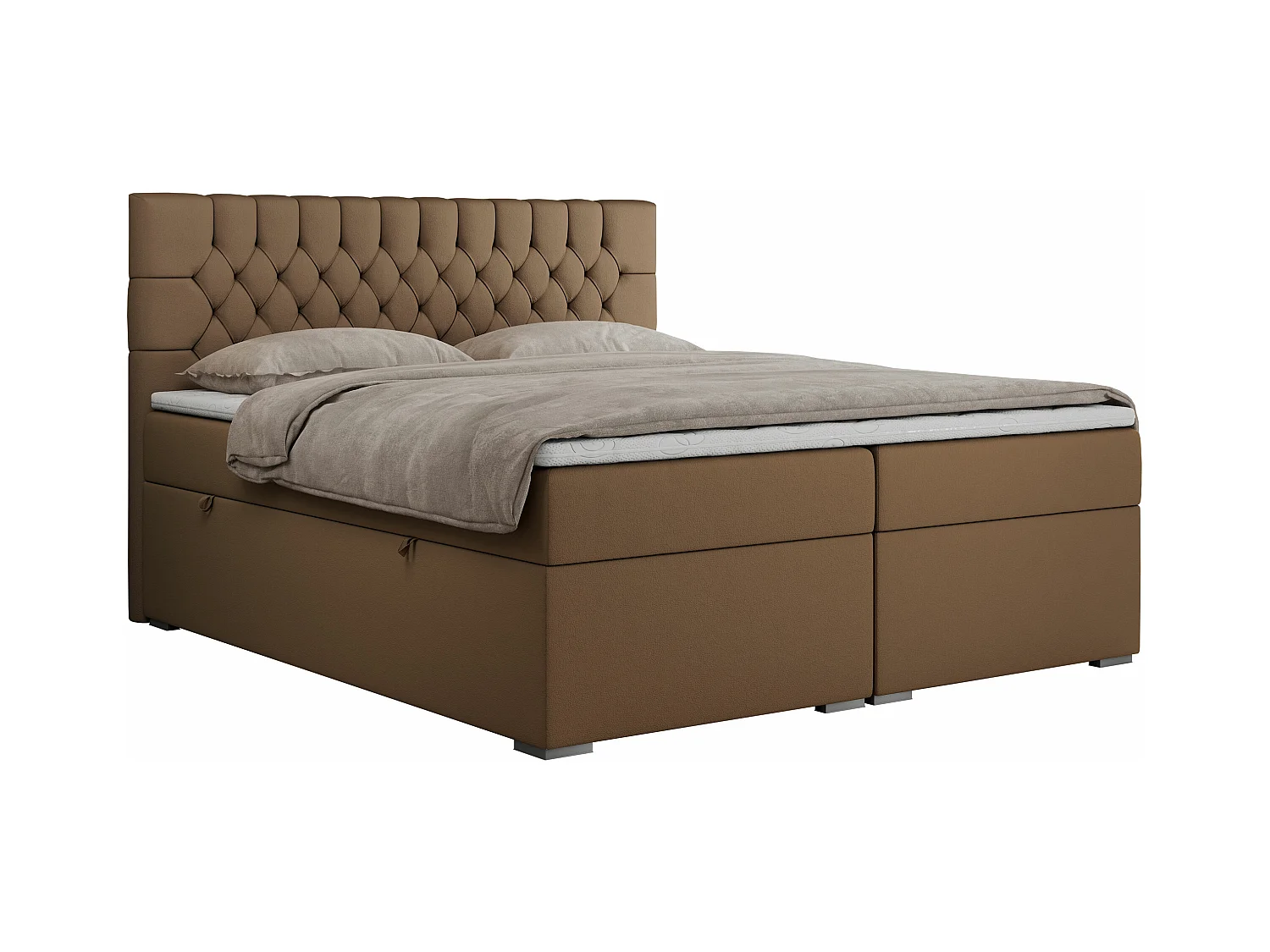 Boxspringbett PERA - gesteppte Kopfstütze, Multipocket-Matratze und Topper, Doppelbett mit Stauraum - 180x200 cm - H4 - Braun Kunstleder