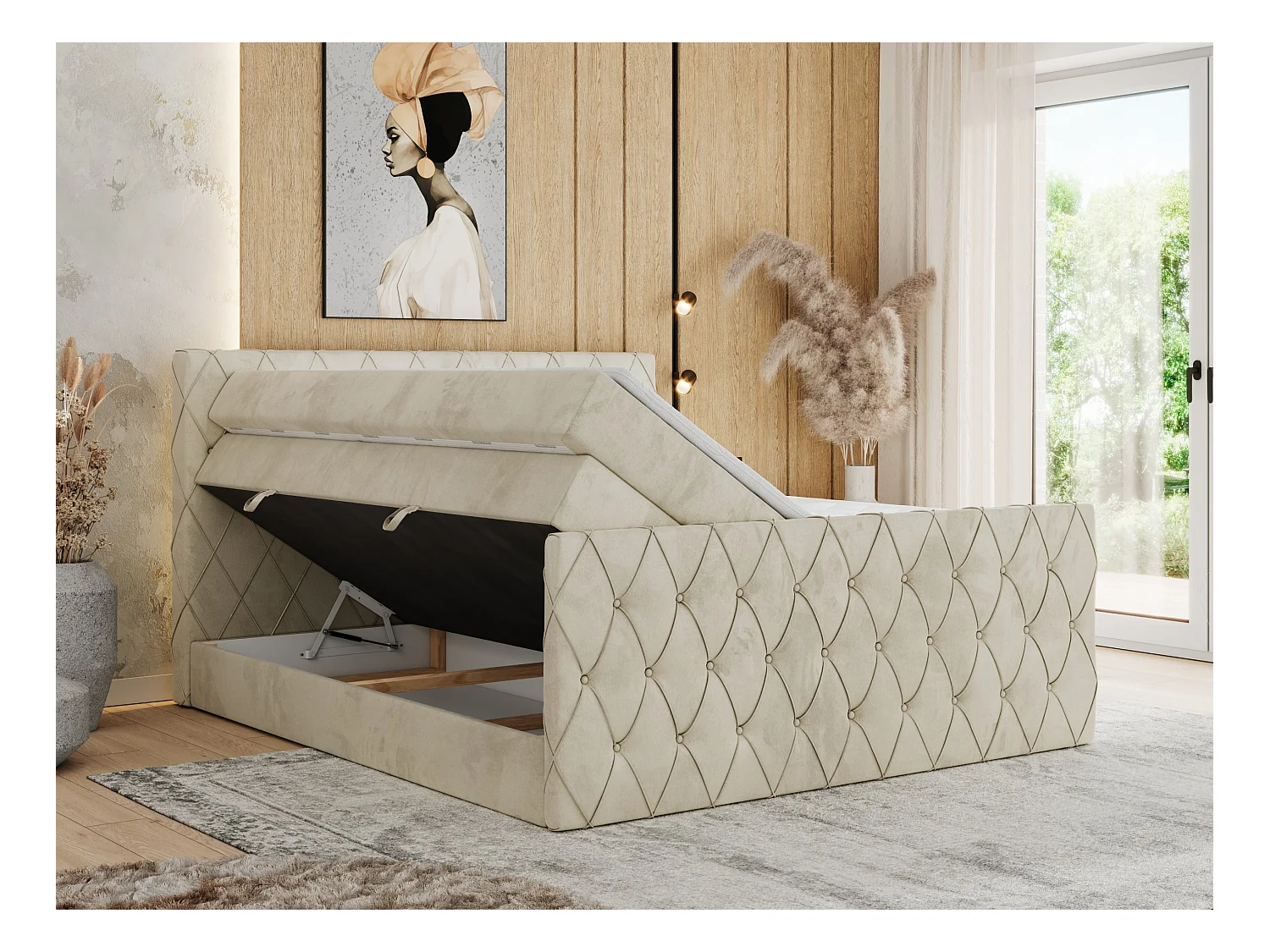 Boxspringbett MIREN KING DUO - für Schlafzimmer mit zwei Multipocket-Matratzen und Topper, gestepptes Kopfteil und Front  - 120x200 cm - H4 - Beige Velvet