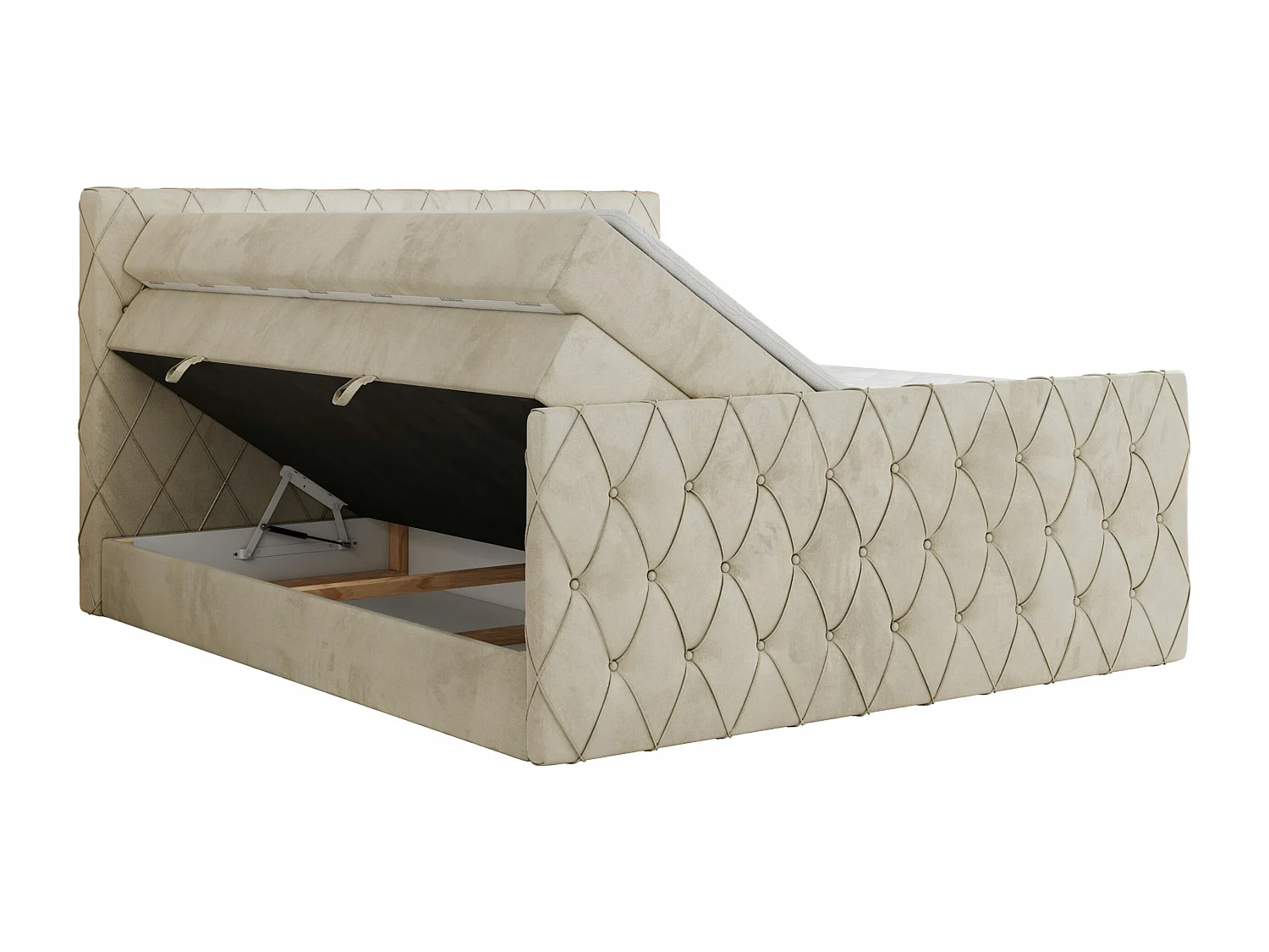 Boxspringbett MIREN KING DUO - für Schlafzimmer mit zwei Multipocket-Matratzen und Topper, gestepptes Kopfteil und Front  - 120x200 cm - H4 - Beige Velvet