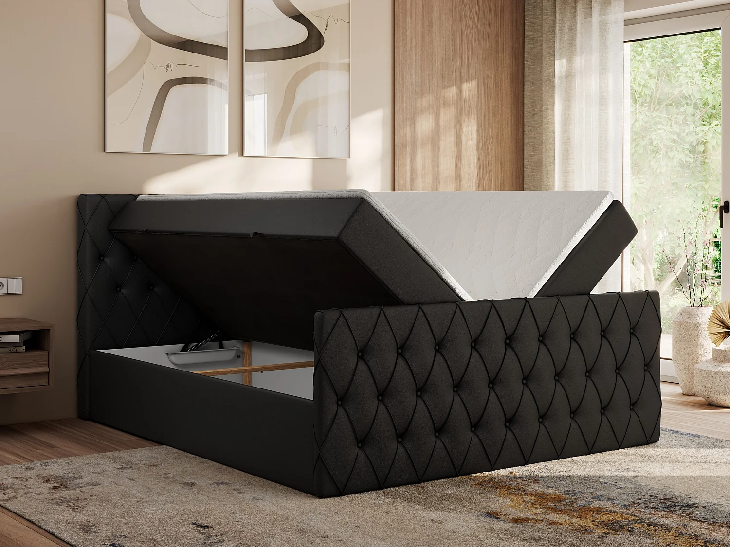 Boxspringbett MIREN DUO - mit gestepptem Kopfteil und Front, Multipocket-Matratze, zwei Bettkästen - 120x200 cm - H3 - Schwarz Kunstleder