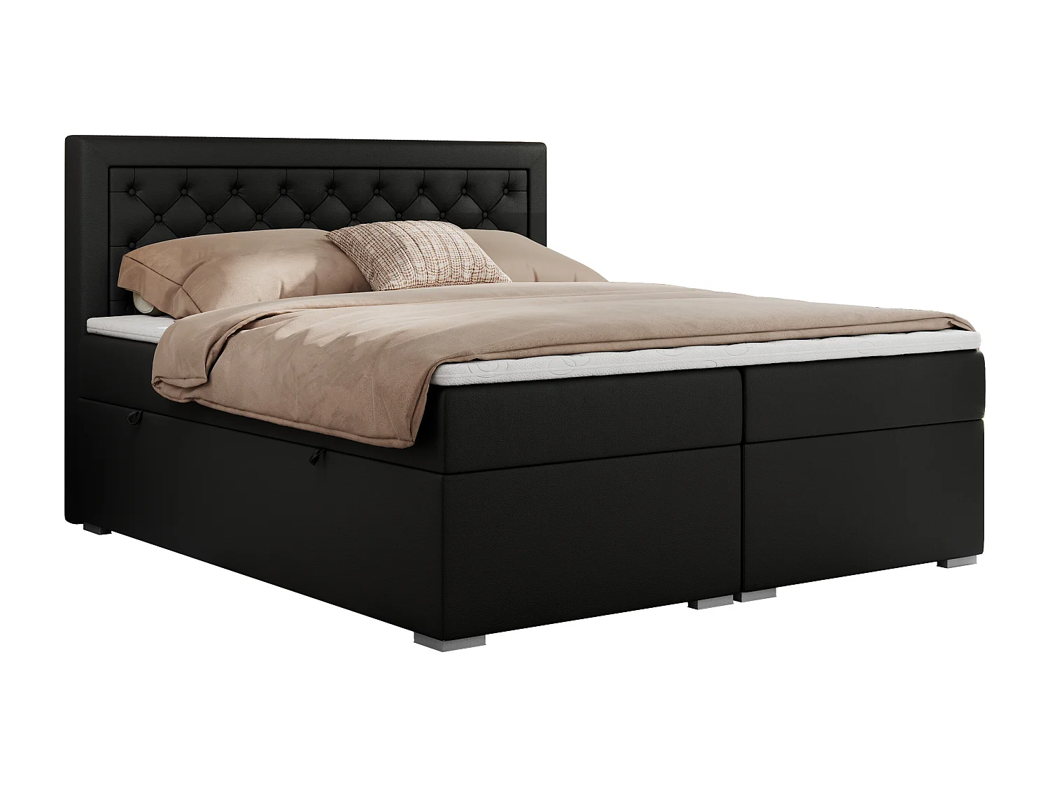 Boxspringbett JASIR - mit gestepptem Kopfteil, Doppelbett für Schlafzimmer, Multipocket-Matratze, Stauraum - 160x200 cm - H3 - Schwarz Kunstleder