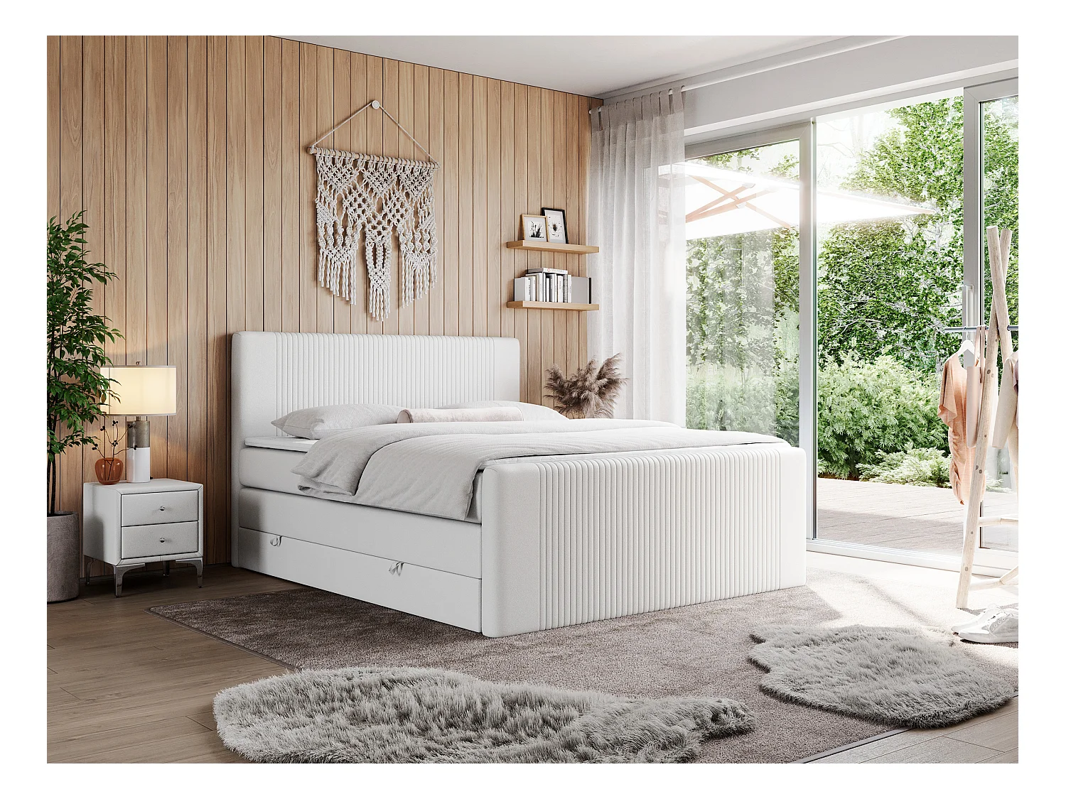 Boxspringbett DOREN KING - mit gesteppter Front und Kopfteil, zwei Multipocket-Matratzen und Topper, Doppelbett - 140x200 cm - H3 - Weiß Kunstleder