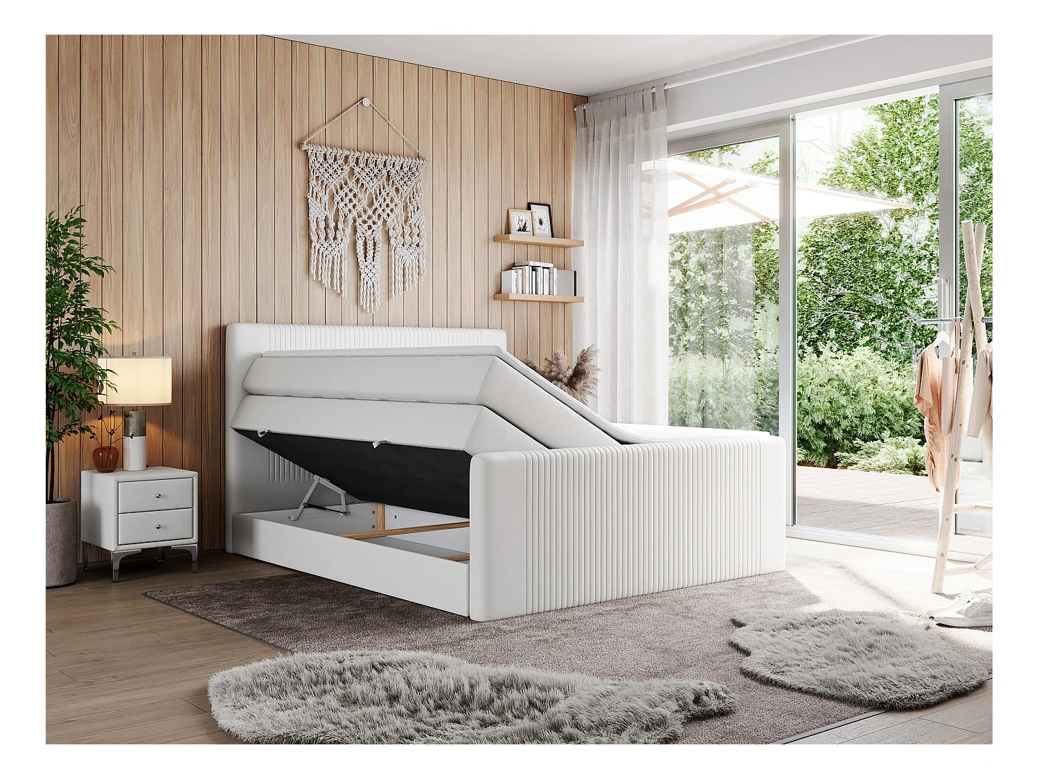 Boxspringbett DOREN KING - mit gesteppter Front und Kopfteil, zwei Multipocket-Matratzen und Topper, Doppelbett - 140x200 cm - H3 - Weiß Kunstleder