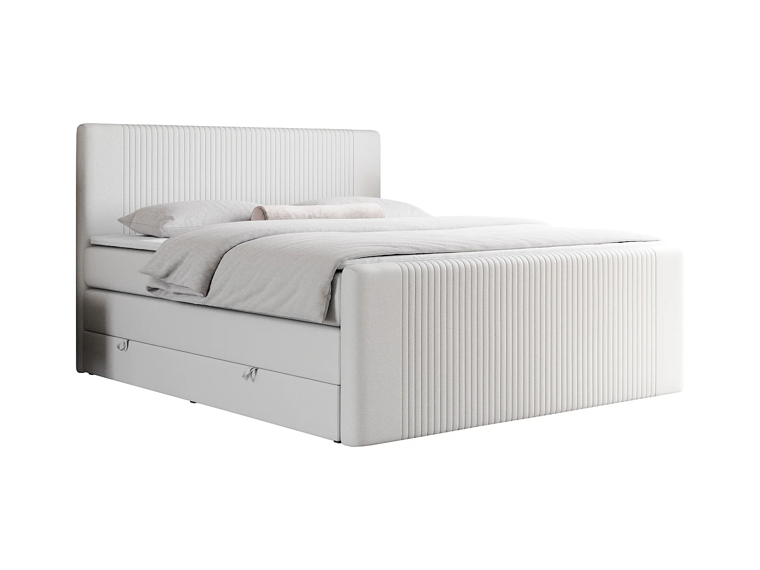Boxspringbett DOREN KING - mit gesteppter Front und Kopfteil, zwei Multipocket-Matratzen und Topper, Doppelbett - 140x200 cm - H3 - Weiß Kunstleder