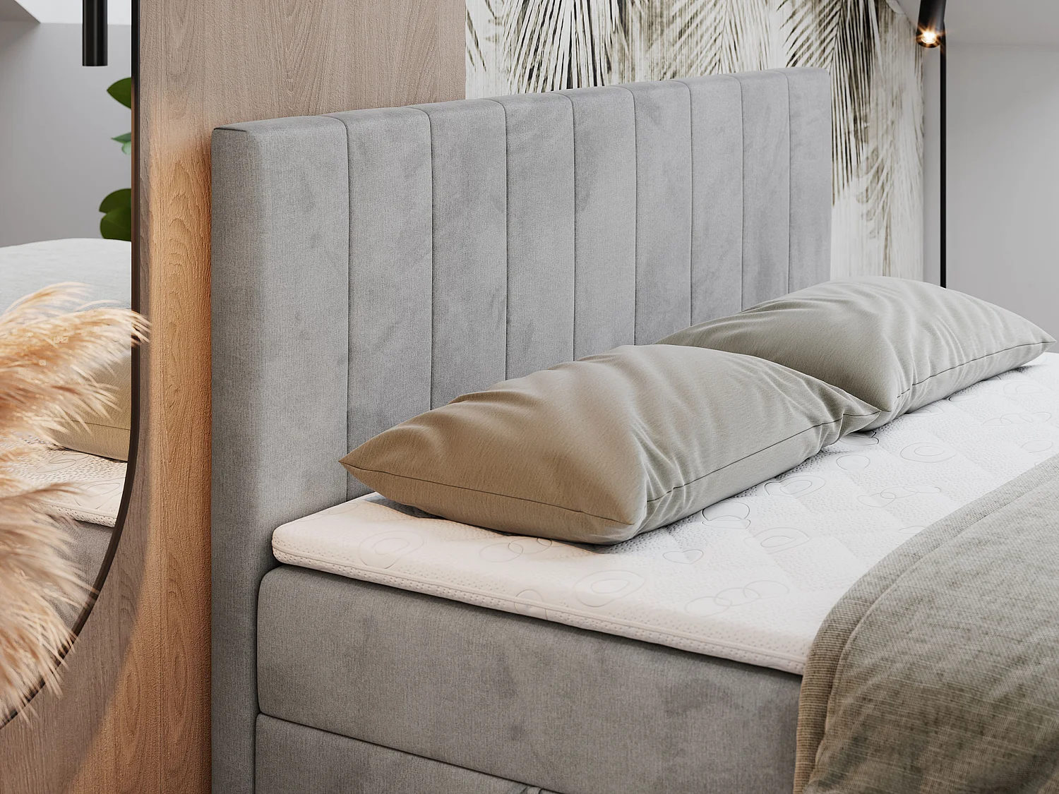 Boxspringbett LOPE - genähtes Kopfteil, Doppelbett mit Stauraum, Multipocket-Matratze, Topper - 200x200 cm - H4 - Hellgrau Velvet