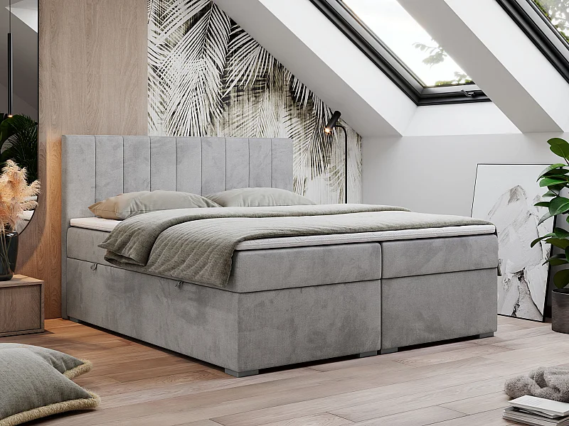 Boxspringbett LOPE - genähtes Kopfteil, Doppelbett mit Stauraum, Multipocket-Matratze, Topper - 200x200 cm - H4 - Hellgrau Velvet