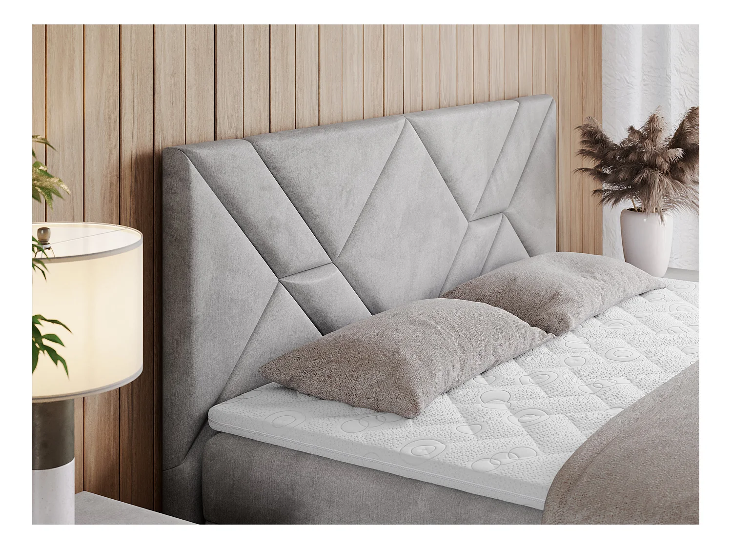 Boxspringbett NEOMI - dekorativem Kopfteil, Polsterbett mit Multipocket-Matratzen, zwei Bettkästen - 180x200 cm - H3 - Hellgrau Strukture