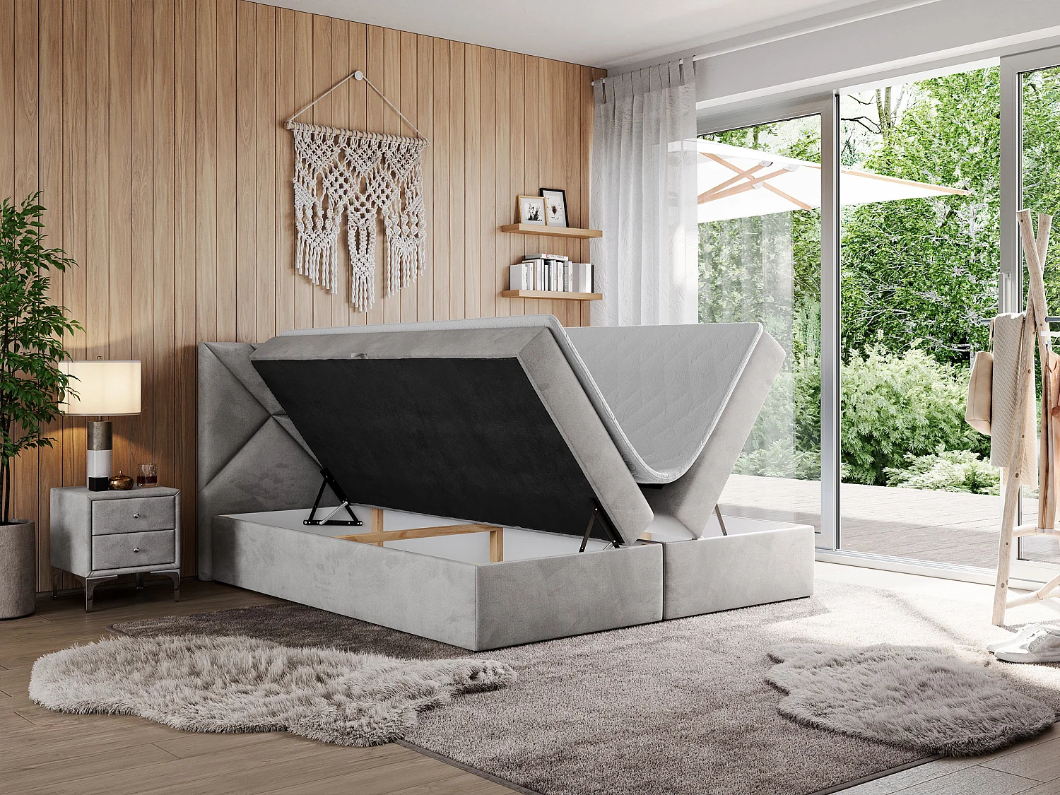 Boxspringbett NEOMI - dekorativem Kopfteil, Polsterbett mit Multipocket-Matratzen, zwei Bettkästen - 180x200 cm - H3 - Hellgrau Strukture