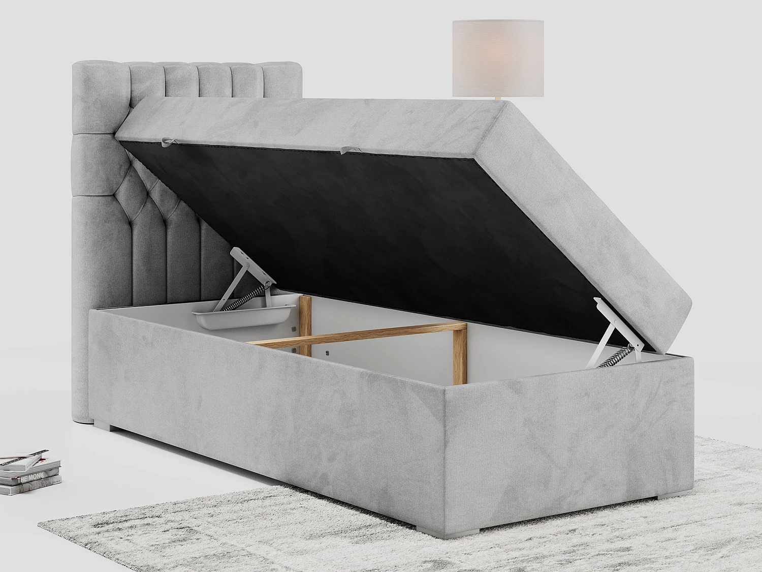 Boxspringbett PERA - Einzelbett mit Kopfstütze, Polsterbett, Multipocket-Matratze, genähtes Kopfteil - 90x200 cm - H3 - Hellgrau Velvet - Links Seite