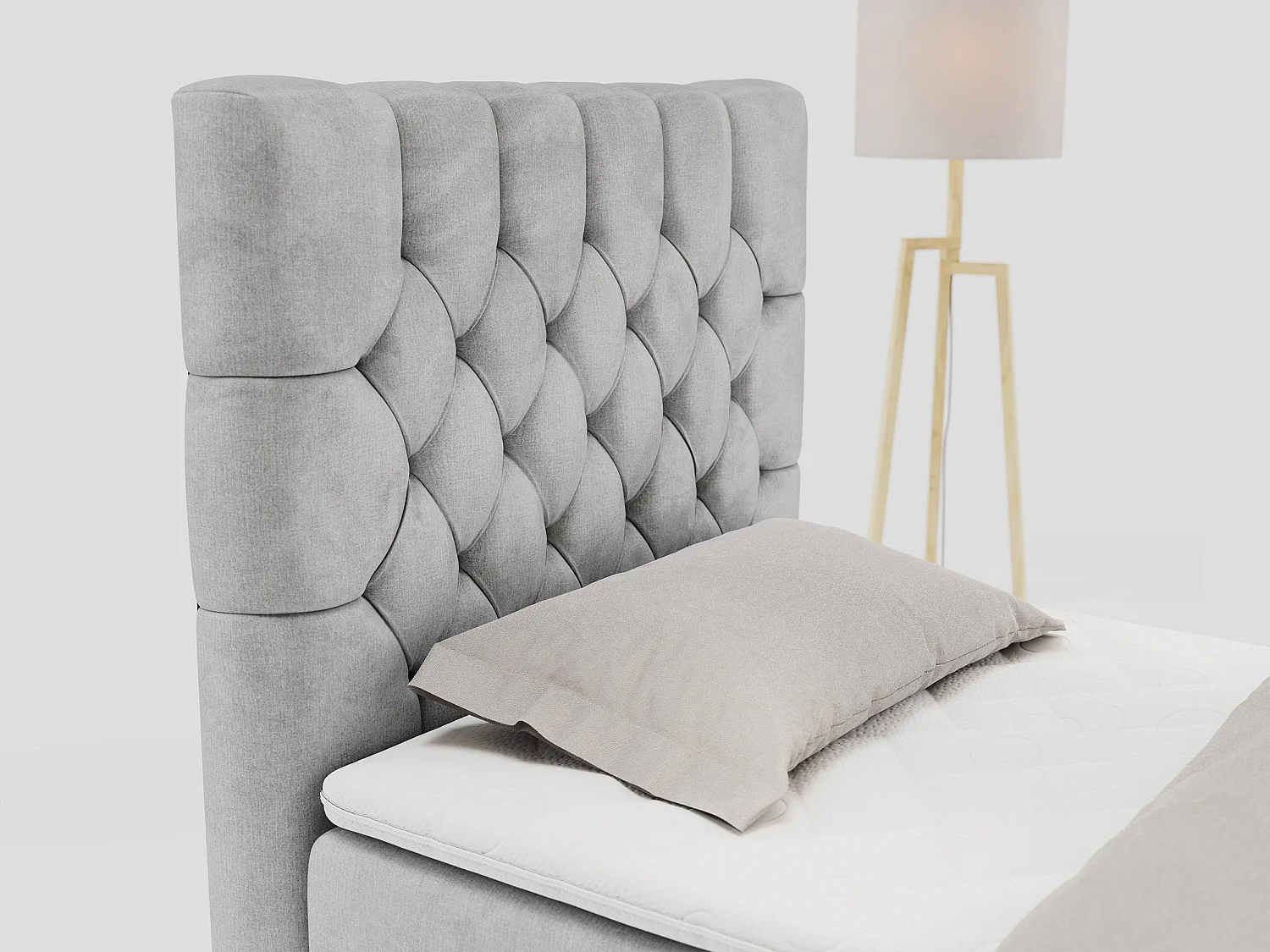 Boxspringbett PERA - Einzelbett mit Kopfstütze, Polsterbett, Multipocket-Matratze, genähtes Kopfteil - 90x200 cm - H3 - Hellgrau Velvet - Links Seite