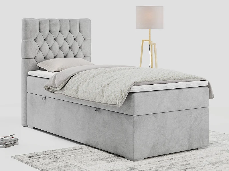 Boxspringbett PERA - Einzelbett mit Kopfstütze, Polsterbett, Multipocket-Matratze, genähtes Kopfteil - 90x200 cm - H3 - Hellgrau Velvet - Links Seite