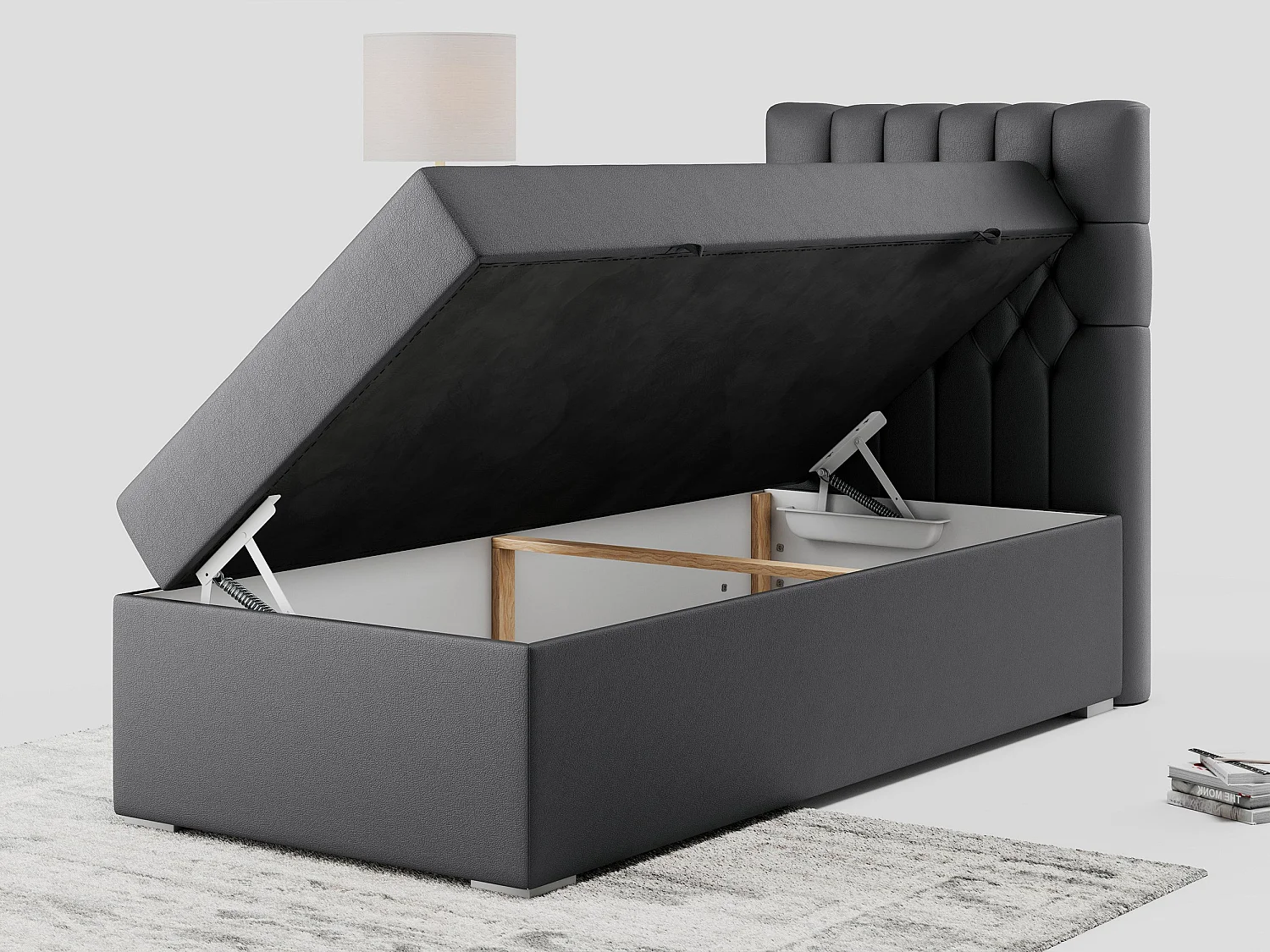 Boxspringbett PERA - Einzelbett mit Kopfstütze, Polsterbett, Multipocket-Matratze, genähtes Kopfteil - 90x200 cm - H3 - Dunkelgrau Kunstleder - Rechts Seite