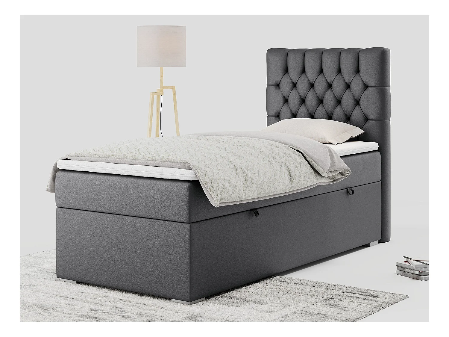Boxspringbett PERA - Einzelbett mit Kopfstütze, Polsterbett, Multipocket-Matratze, genähtes Kopfteil - 90x200 cm - H3 - Dunkelgrau Kunstleder - Rechts Seite