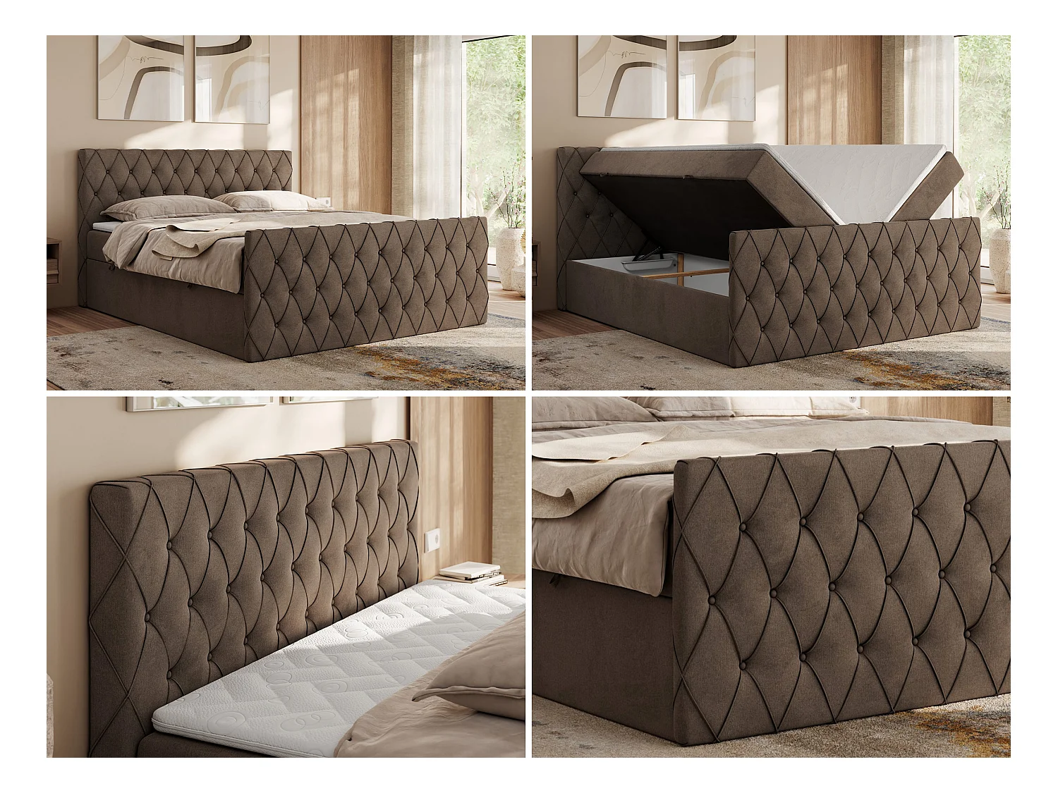 Boxspringbett MIREN DUO - mit gestepptem Kopfteil und Front, Multipocket-Matratze, zwei Bettkästen - 200x200 cm - H3 - Braun Velvet