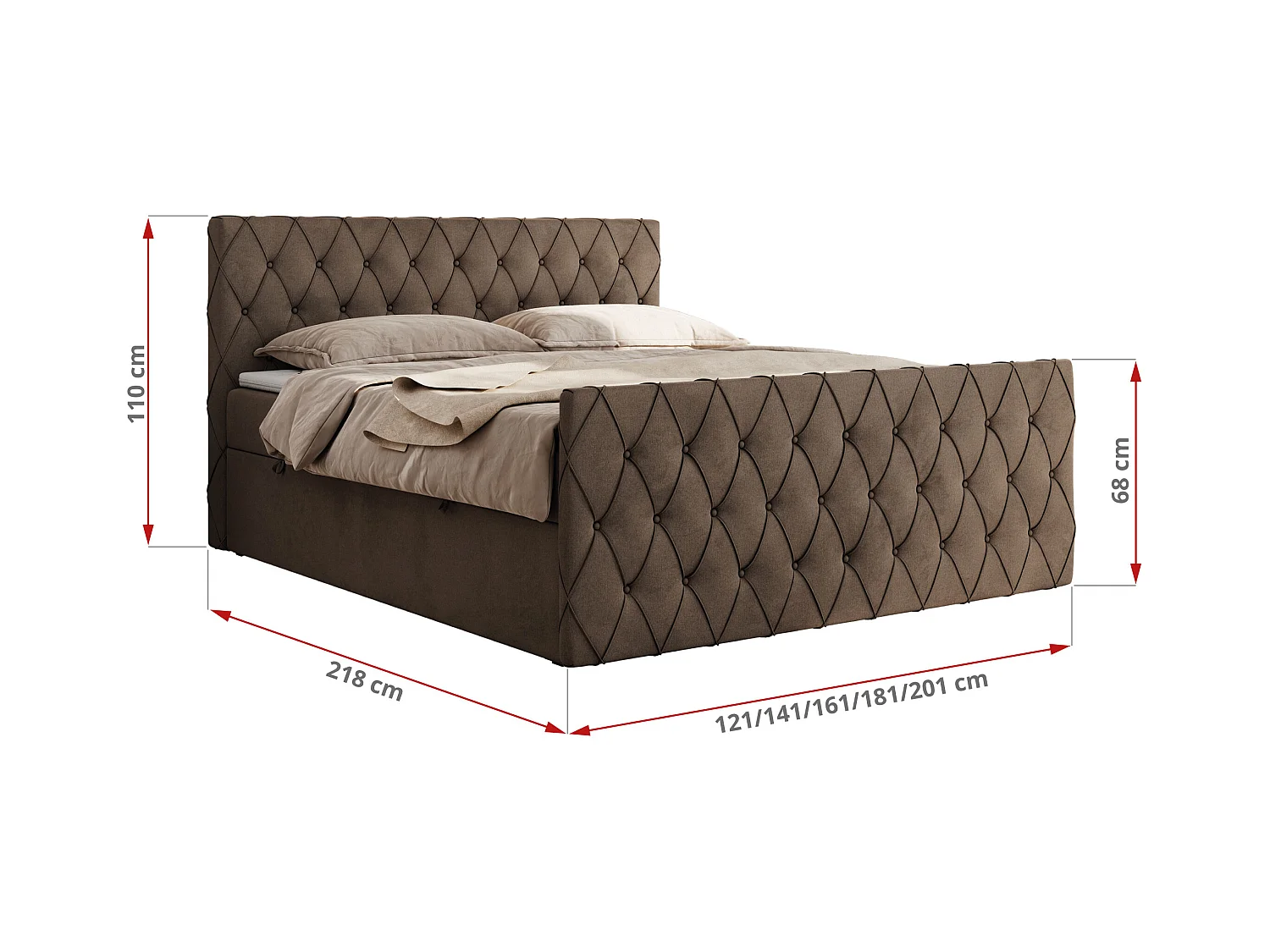 Boxspringbett MIREN DUO - mit gestepptem Kopfteil und Front, Multipocket-Matratze, zwei Bettkästen - 200x200 cm - H3 - Braun Velvet