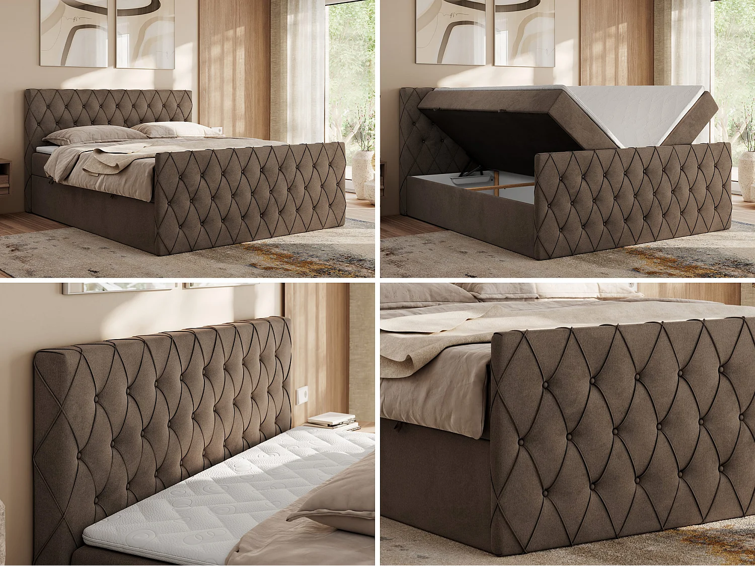 Boxspringbett MIREN DUO - mit gestepptem Kopfteil und Front, Multipocket-Matratze, zwei Bettkästen - 200x200 cm - H3 - Braun Velvet