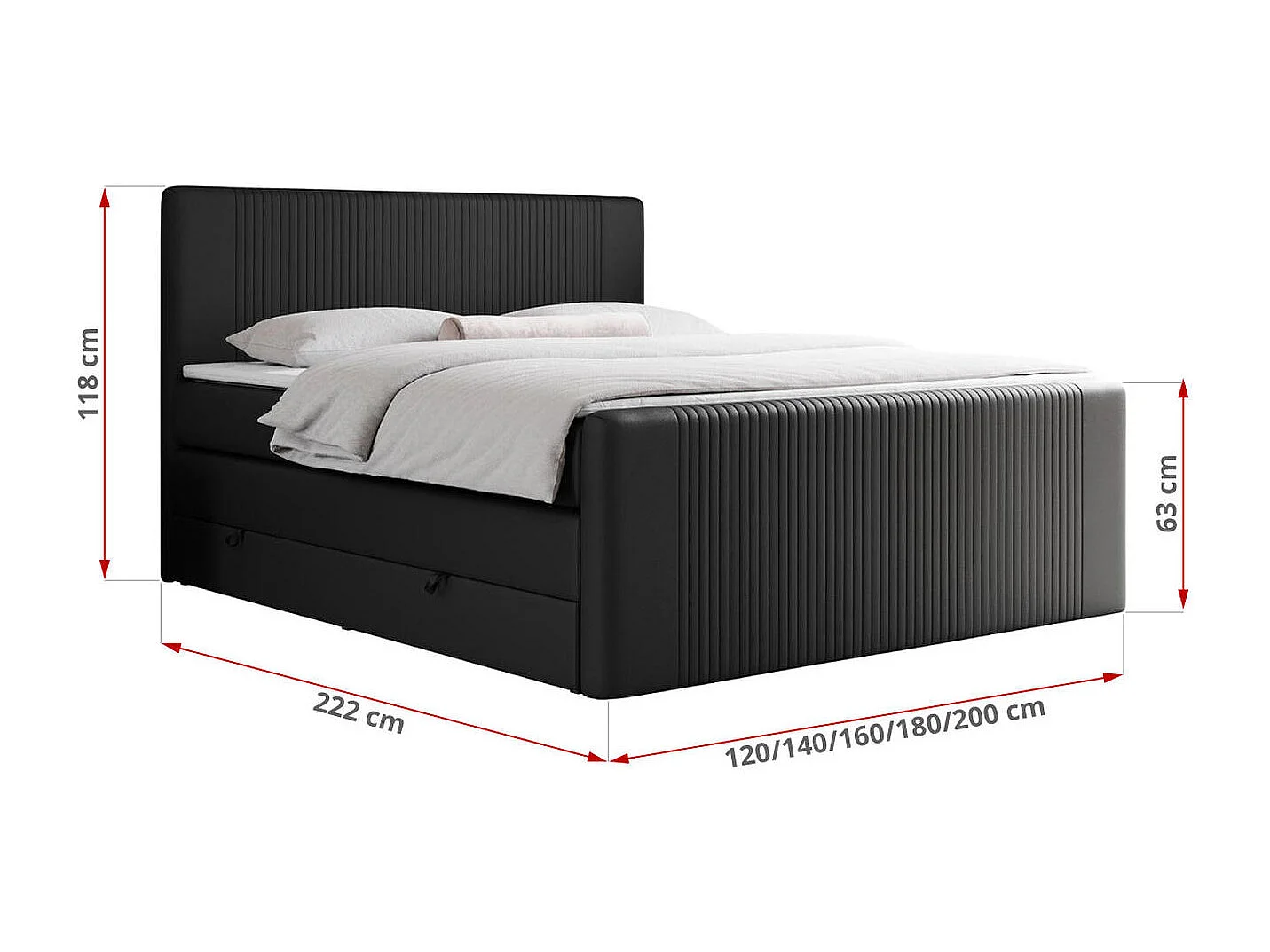 Boxspringbett DOREN KING - mit gesteppter Front und Kopfteil, zwei Multipocket-Matratzen und Topper, Doppelbett - 180x200 cm - H3 - Schwarz Kunstleder