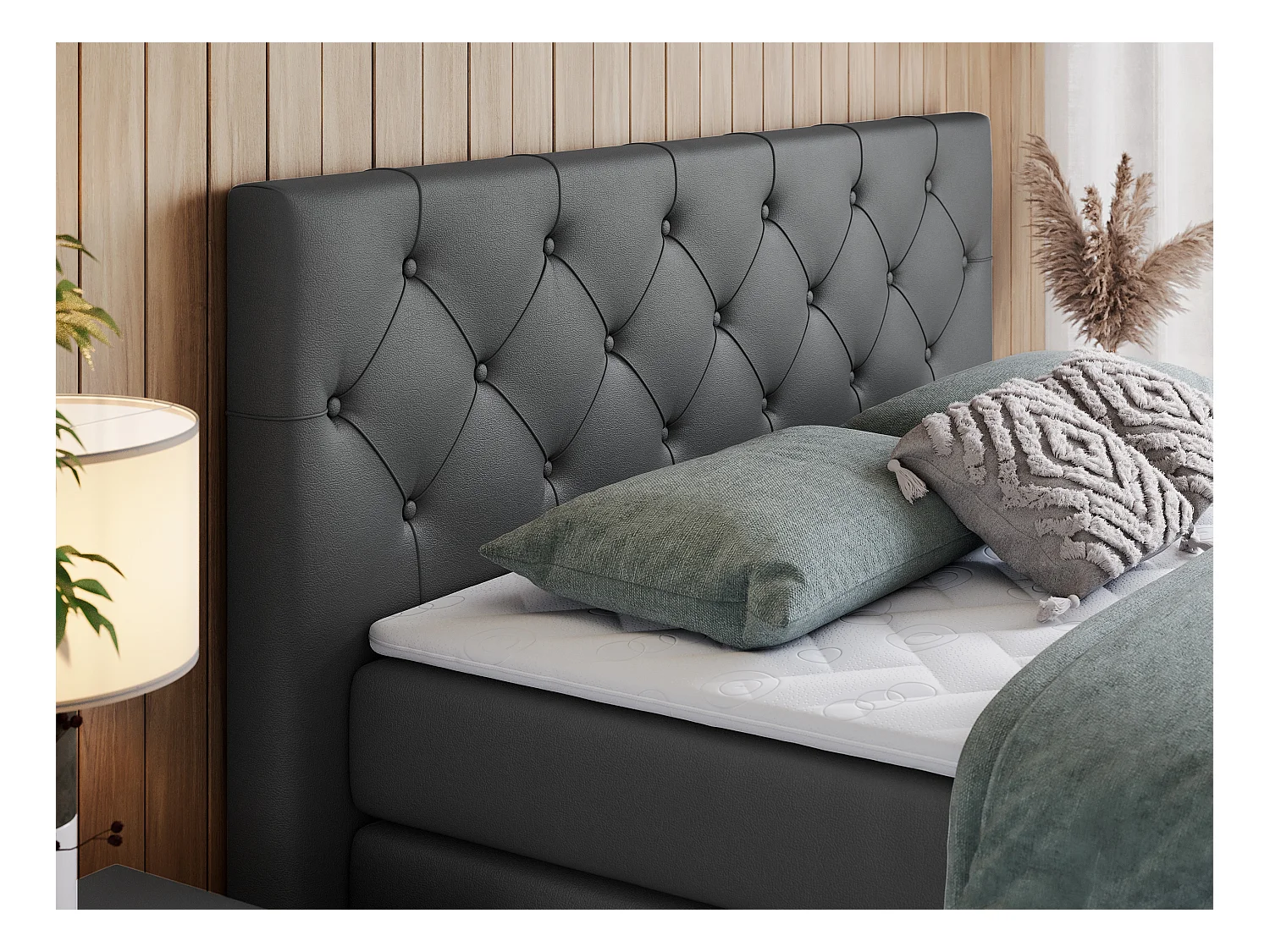 Boxspringbett VELEN KING - Doppelbett mit gestepptem Kopfteil, zwei Multipocket-Matratzen, Polsterbett mit Kopfstütze - 200x200 cm - H3 - Dunkelgrau Kunstleder