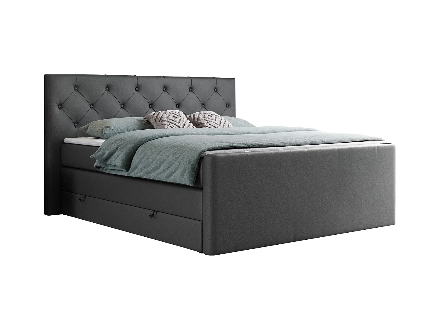 Boxspringbett VELEN KING - Doppelbett mit gestepptem Kopfteil, zwei Multipocket-Matratzen, Polsterbett mit Kopfstütze - 200x200 cm - H3 - Dunkelgrau Kunstleder