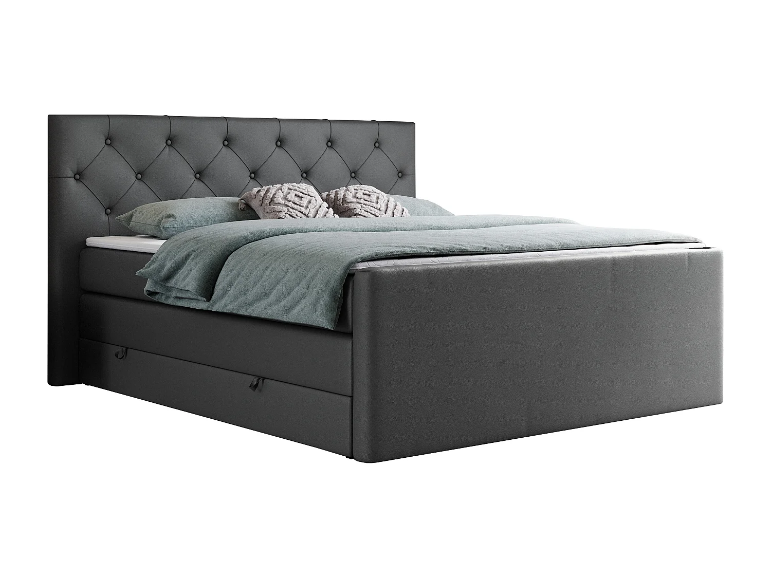 Boxspringbett VELEN KING - Doppelbett mit gestepptem Kopfteil, zwei Multipocket-Matratzen, Polsterbett mit Kopfstütze - 200x200 cm - H3 - Dunkelgrau Kunstleder
