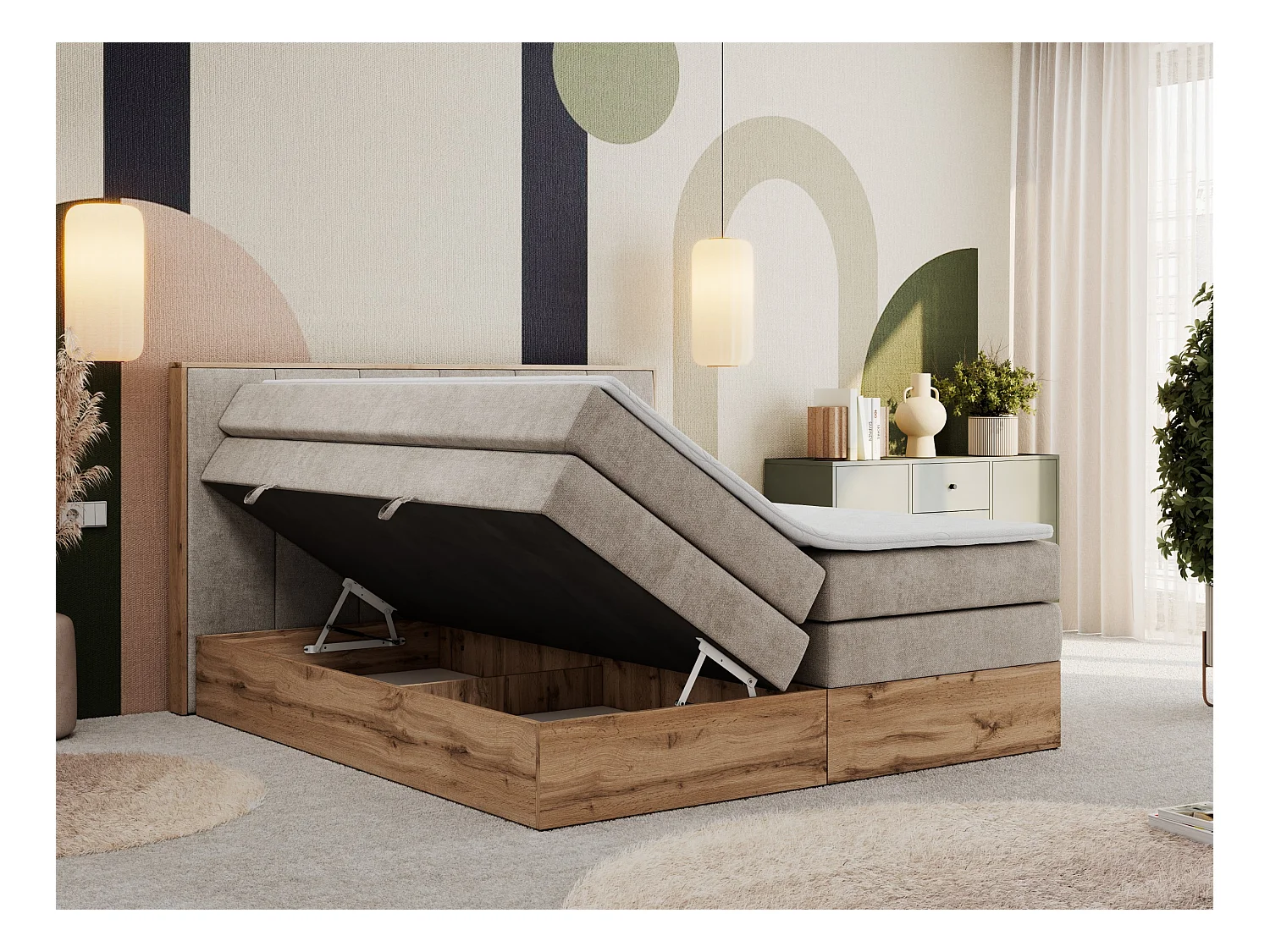 Boxspringbett ALBERO 1 KING - zwei 7 Härtezonen Multipocket-Matratzen, Doppelbett mit Stauraum, Eiche Wotan Holzrahmen - 160x200 cm - H4 - Beige Strukture