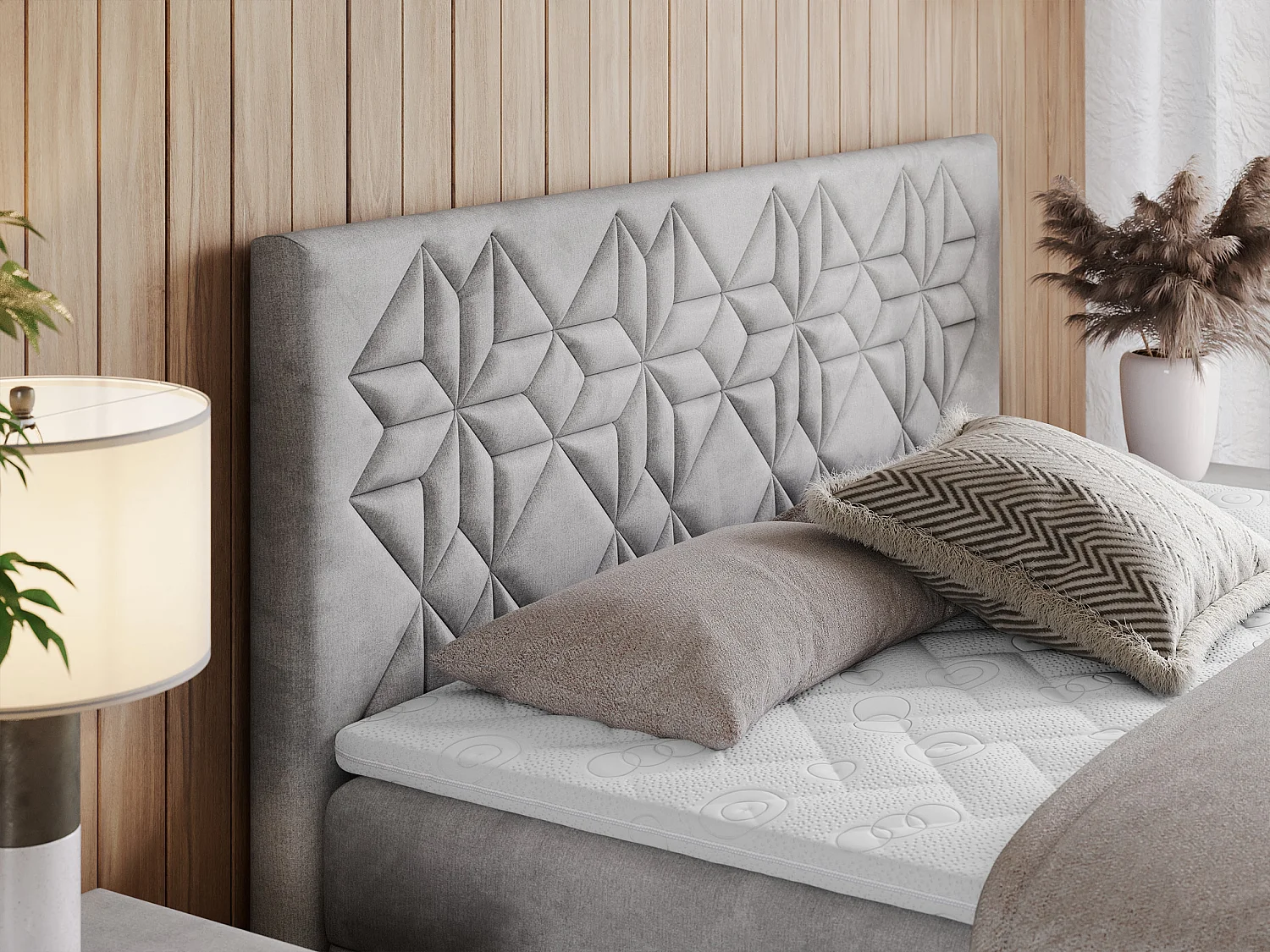 Boxspringbett LEILA - gestepptes Kopfteil,  7 Härtezonen Multipocket-Matratzen, Doppelbett mit Bettkästen - 180x200 cm - H3 - Hellgrau Velvet