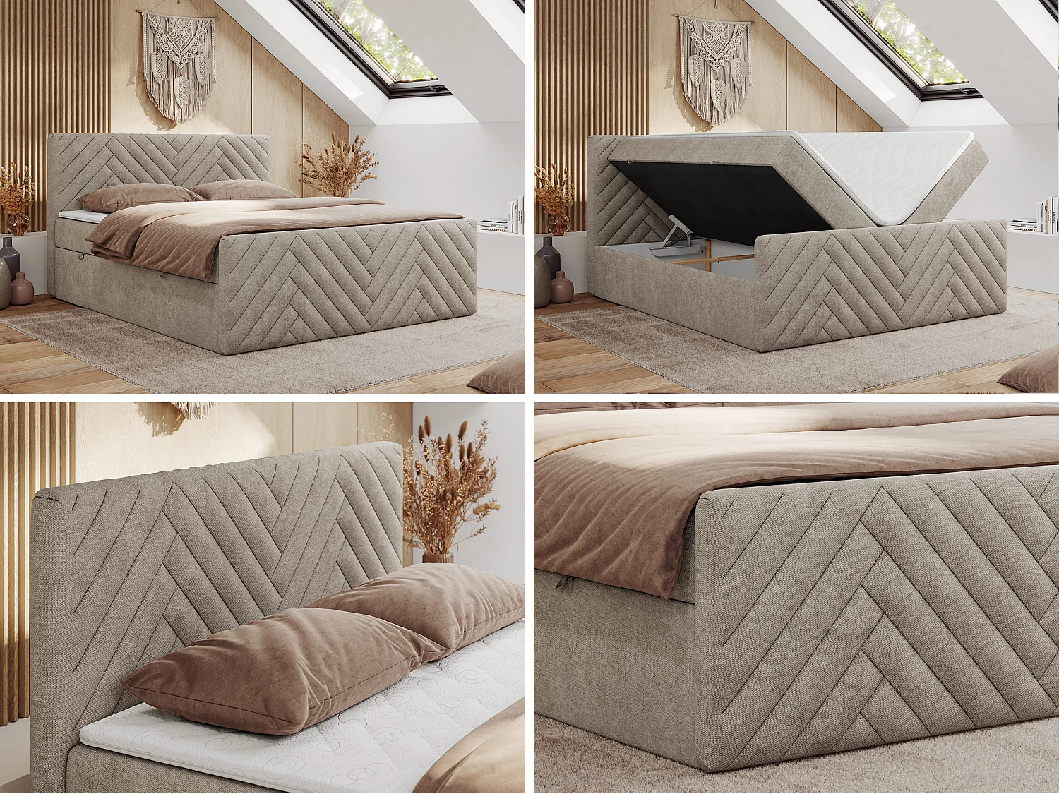 Boxspringbett PARIS DUO - Polsterbett mit genähtem Kopfteil und Frontplatte, Doppelbett, zwei Bettkästen - 200x200 cm - H4 - Beige Strukture