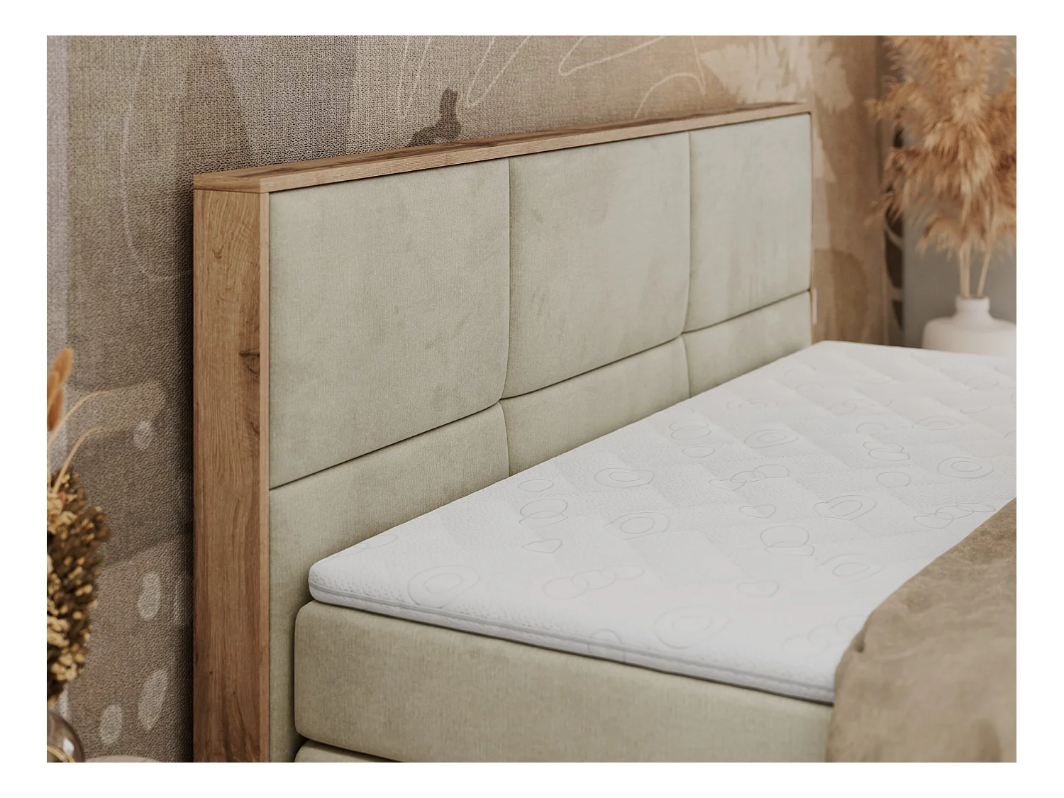 Boxspringbett ALBERO 2 KING DUO - Eiche Wotan Holzrahmen, zwei Multipocket-Matratzen, Bettkästen - 120x200 cm - H4 - Beige Velvet
