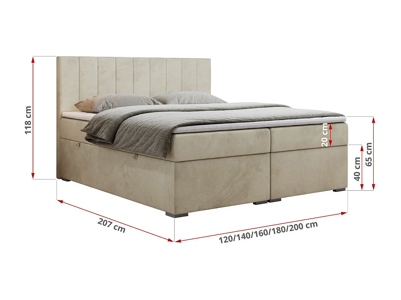 Boxspringbett LOPE - genähtes Kopfteil, Doppelbett mit Stauraum, Multipocket-Matratze, Topper - 180x200 cm - H4 - Beige Velvet