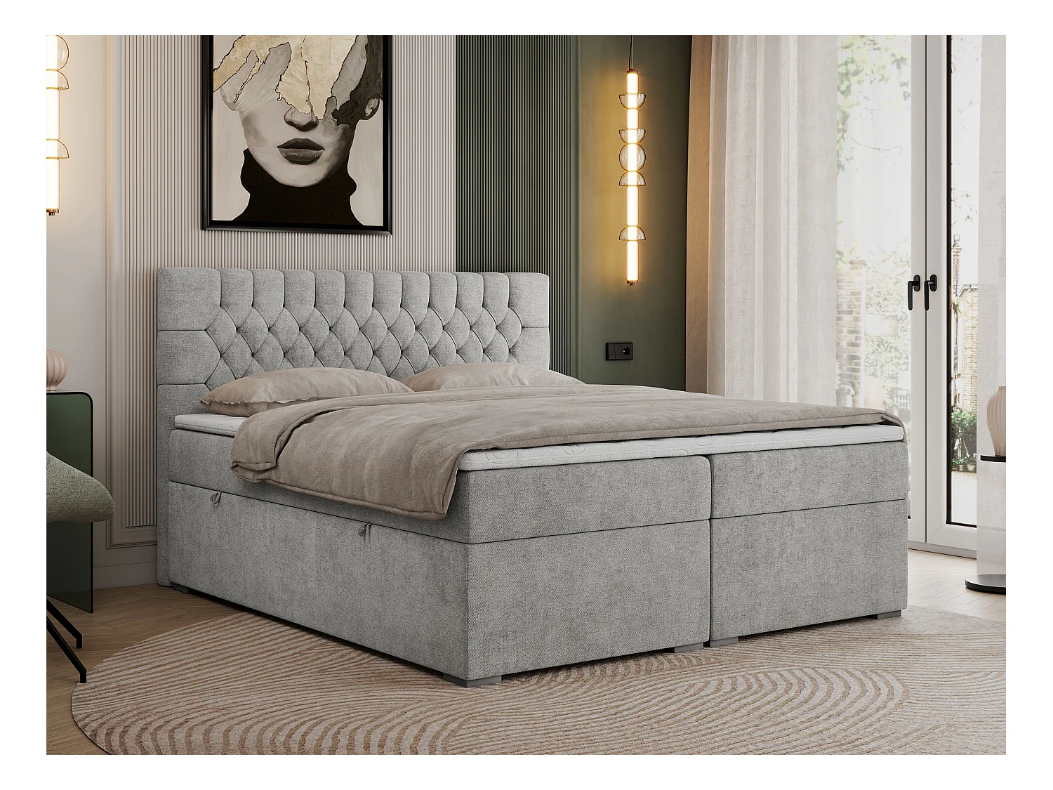 Boxspringbett PERA - gesteppte Kopfstütze, Multipocket-Matratze und Topper, Doppelbett mit Stauraum - 140x200 cm - H4 - Hellgrau Strukture