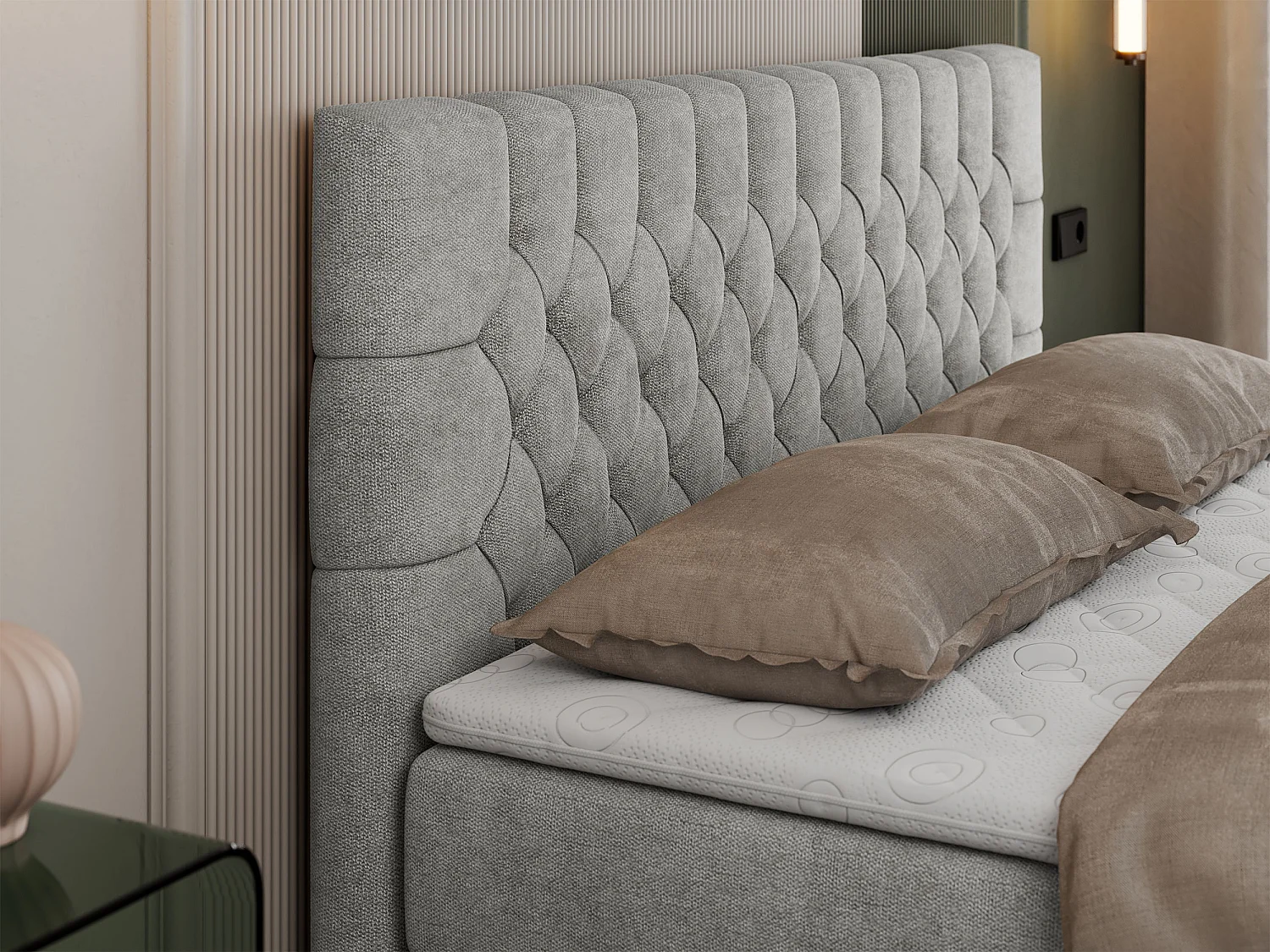 Boxspringbett PERA - gesteppte Kopfstütze, Multipocket-Matratze und Topper, Doppelbett mit Stauraum - 140x200 cm - H4 - Hellgrau Strukture