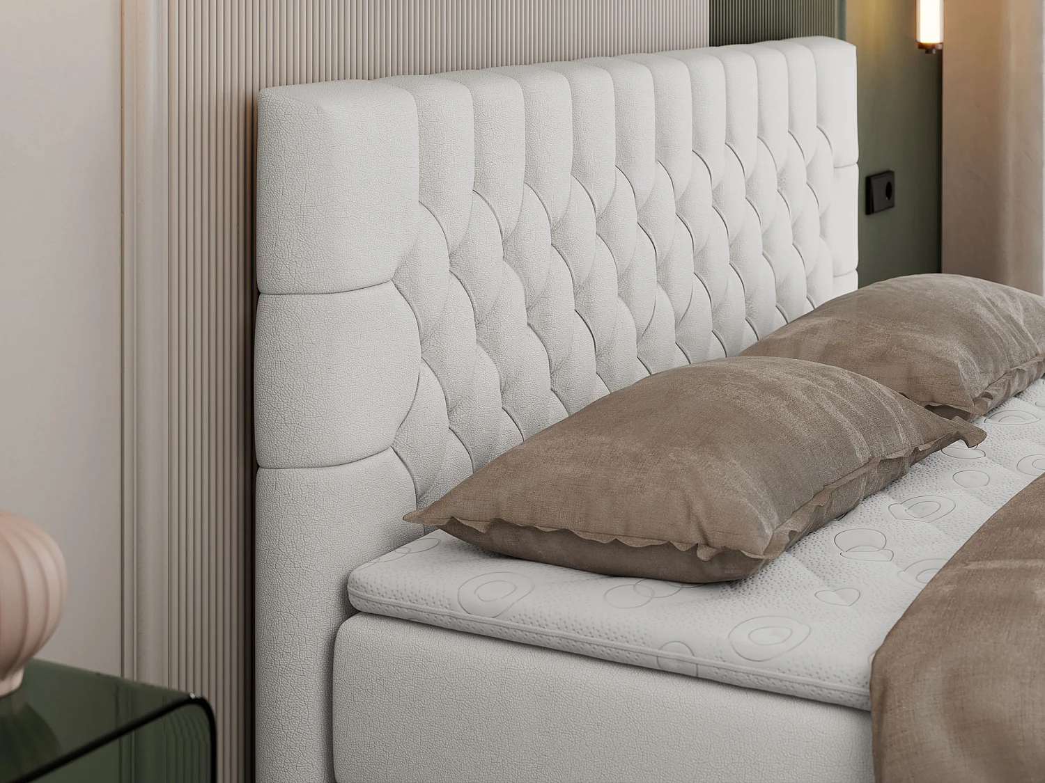 Boxspringbett PERA - gesteppte Kopfstütze, Multipocket-Matratze und Topper, Doppelbett mit Stauraum - 140x200 cm - H3 - Weiß Kunstleder