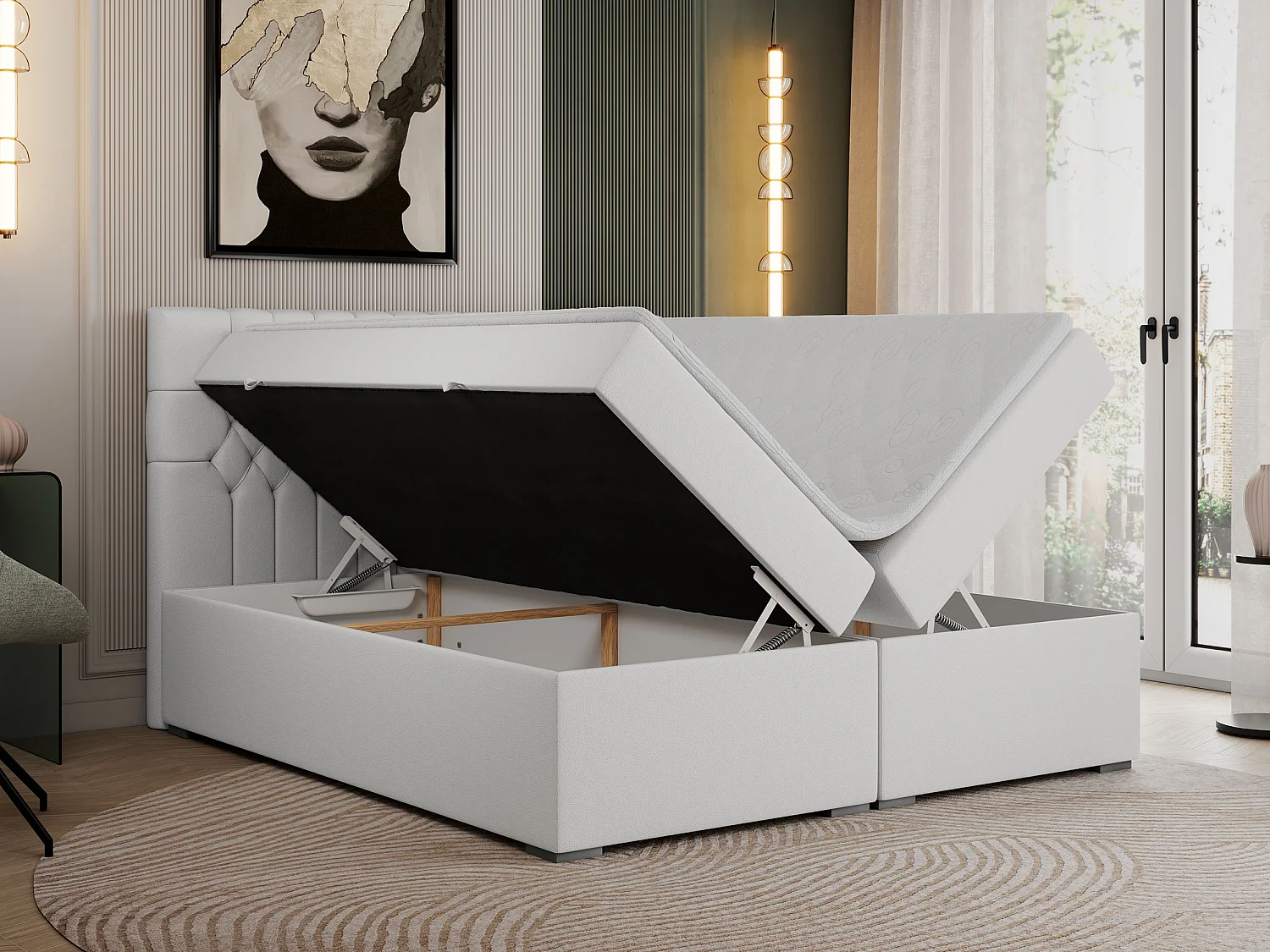 Boxspringbett PERA - gesteppte Kopfstütze, Multipocket-Matratze und Topper, Doppelbett mit Stauraum - 140x200 cm - H3 - Weiß Kunstleder