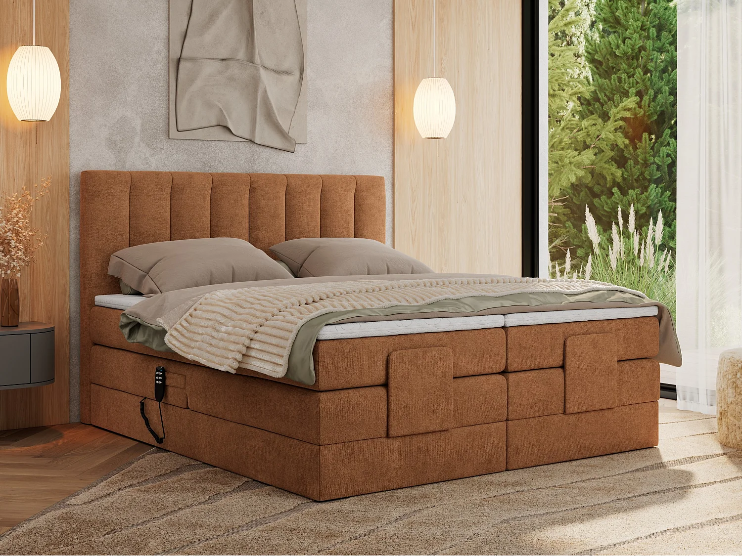 Boxspringbett COMFORTO - Doppelbett, Elektrisch verstellbare, Multipocket-Matratzen und Topper, genähtes Kopfteil - 200x200 cm - H3 - Orange Strukture