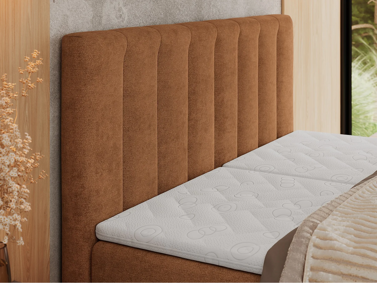 Boxspringbett COMFORTO - Doppelbett, Elektrisch verstellbare, Multipocket-Matratzen und Topper, genähtes Kopfteil - 200x200 cm - H3 - Orange Strukture