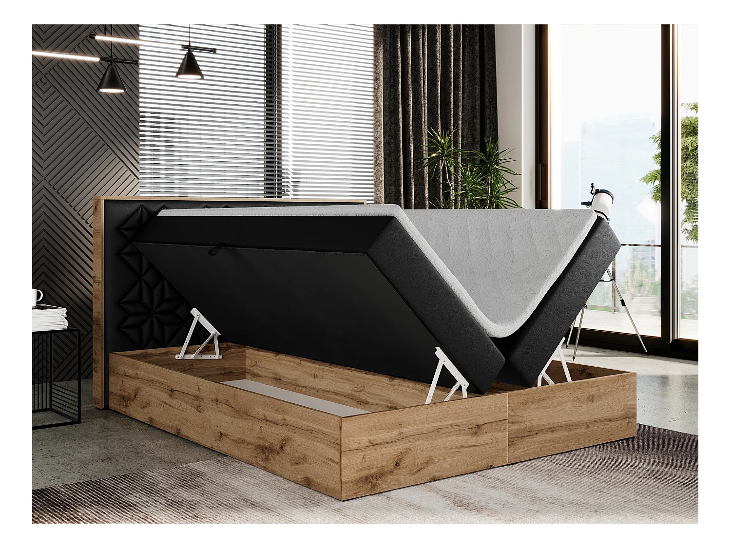 Boxspringbett NESSI - mit hoher Kopfstütze, Multipocket-Matratze und Topper, Doppelbett mit Bettkästen - 160x200 cm - H3 - Schwarz Kunstleder