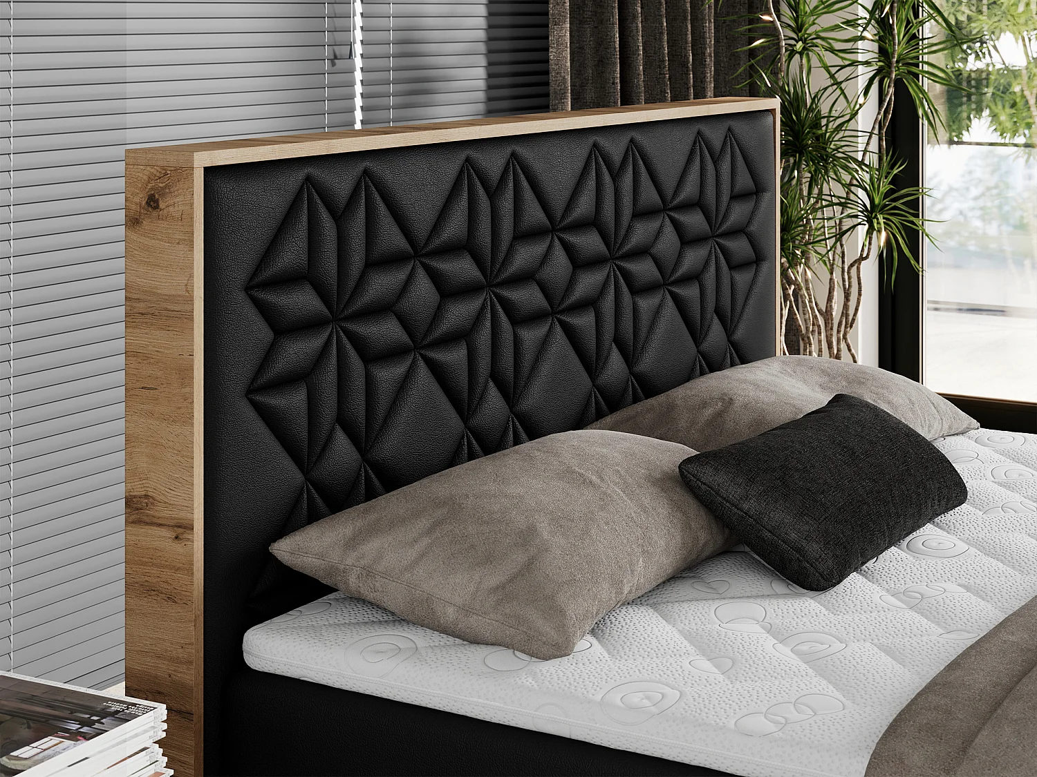 Boxspringbett NESSI - mit hoher Kopfstütze, Multipocket-Matratze und Topper, Doppelbett mit Bettkästen - 160x200 cm - H3 - Schwarz Kunstleder