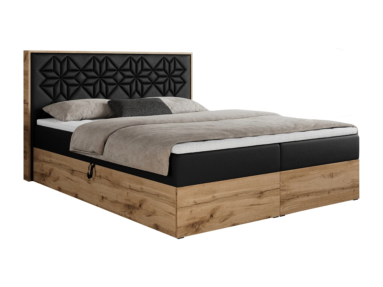 Boxspringbett NESSI - mit hoher Kopfstütze, Multipocket-Matratze und Topper, Doppelbett mit Bettkästen - 160x200 cm - H3 - Schwarz Kunstleder