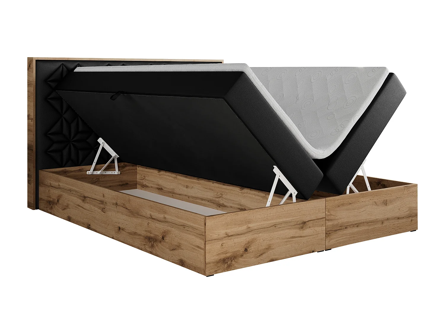 Boxspringbett NESSI - mit hoher Kopfstütze, Multipocket-Matratze und Topper, Doppelbett mit Bettkästen - 160x200 cm - H3 - Schwarz Kunstleder