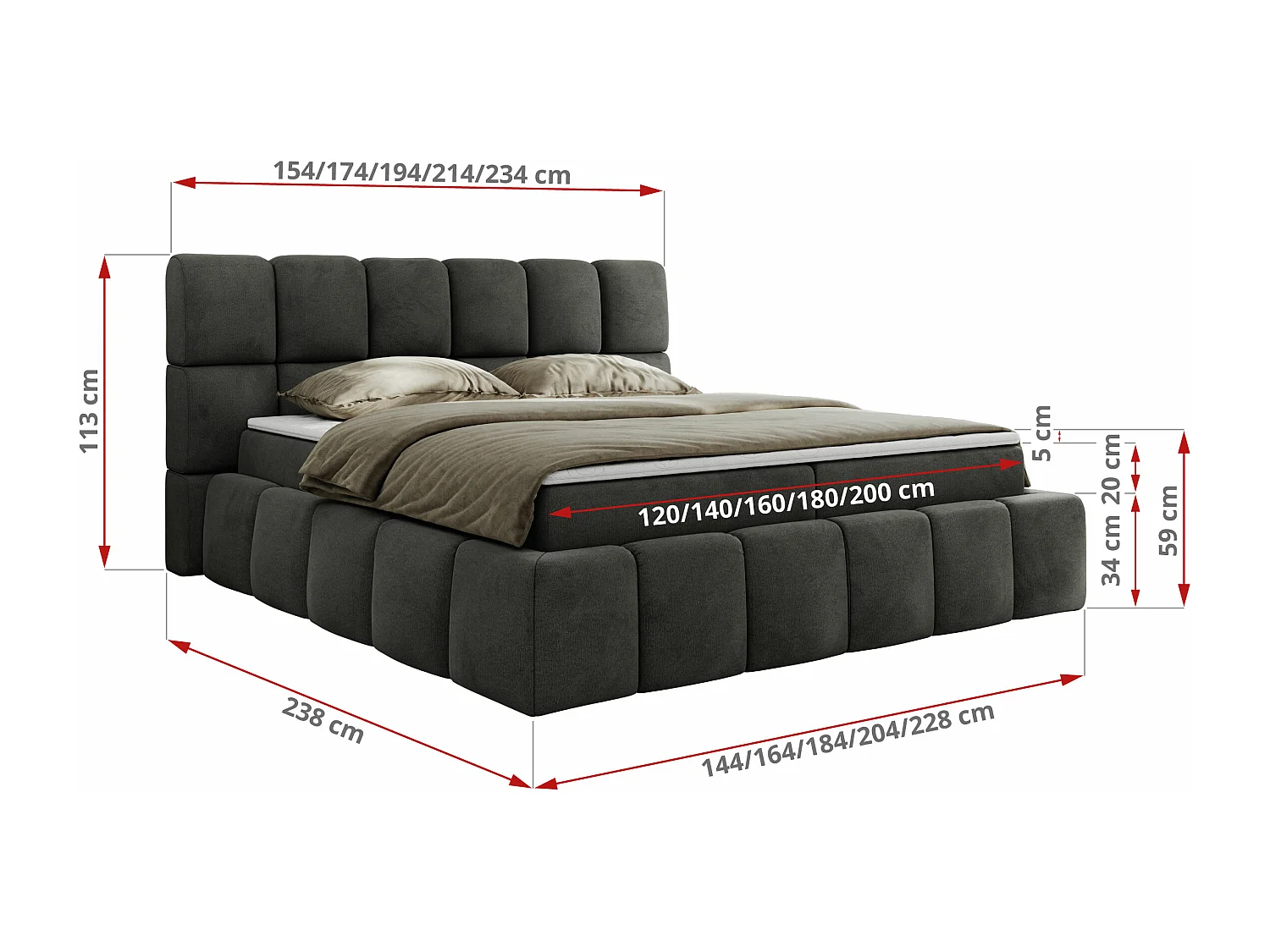 Boxspringbett NIRA - dekorativ kopfteil, Bettkästen und Multipocket-Matratze, Doppelbett für Schlafzimmer - 140x200 cm - H3 - Dunkelgrau Velvet