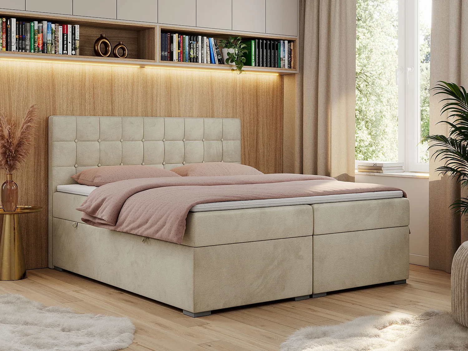 Boxspringbett CARMEN - Polsterbett mit zwei Bettkästen, gesteppte Kopfstütze, Multipocket-Matratze - 180x200 cm - H3 - Beige Velvet