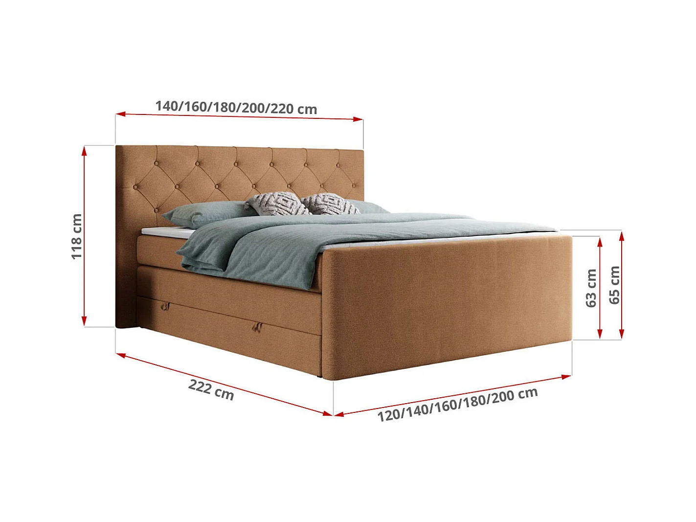 Boxspringbett VELEN KING - Doppelbett mit gestepptem Kopfteil, zwei Multipocket-Matratzen, Polsterbett mit Kopfstütze - 140x200 cm - H4 - Orange Strukture