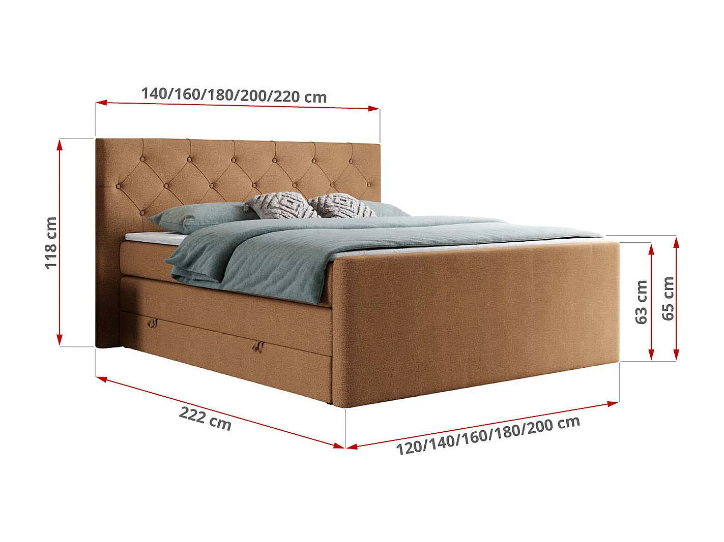 Boxspringbett VELEN KING - Doppelbett mit gestepptem Kopfteil, zwei Multipocket-Matratzen, Polsterbett mit Kopfstütze - 140x200 cm - H4 - Orange Strukture