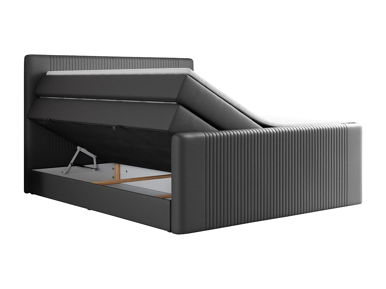 Boxspringbett DOREN KING - mit gesteppter Front und Kopfteil, zwei Multipocket-Matratzen und Topper, Doppelbett - 160x200 cm - H4 - Dunkelgrau Kunstleder