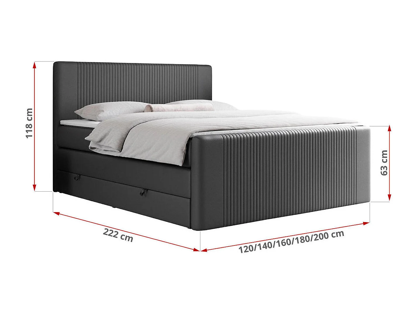 Boxspringbett DOREN KING - mit gesteppter Front und Kopfteil, zwei Multipocket-Matratzen und Topper, Doppelbett - 160x200 cm - H4 - Dunkelgrau Kunstleder
