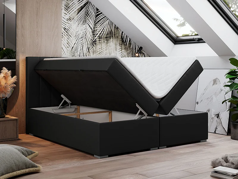 Boxspringbett LOPE - genähtes Kopfteil, Doppelbett mit Stauraum, Multipocket-Matratze, Topper - 200x200 cm - H3 - Schwarz Kunstleder